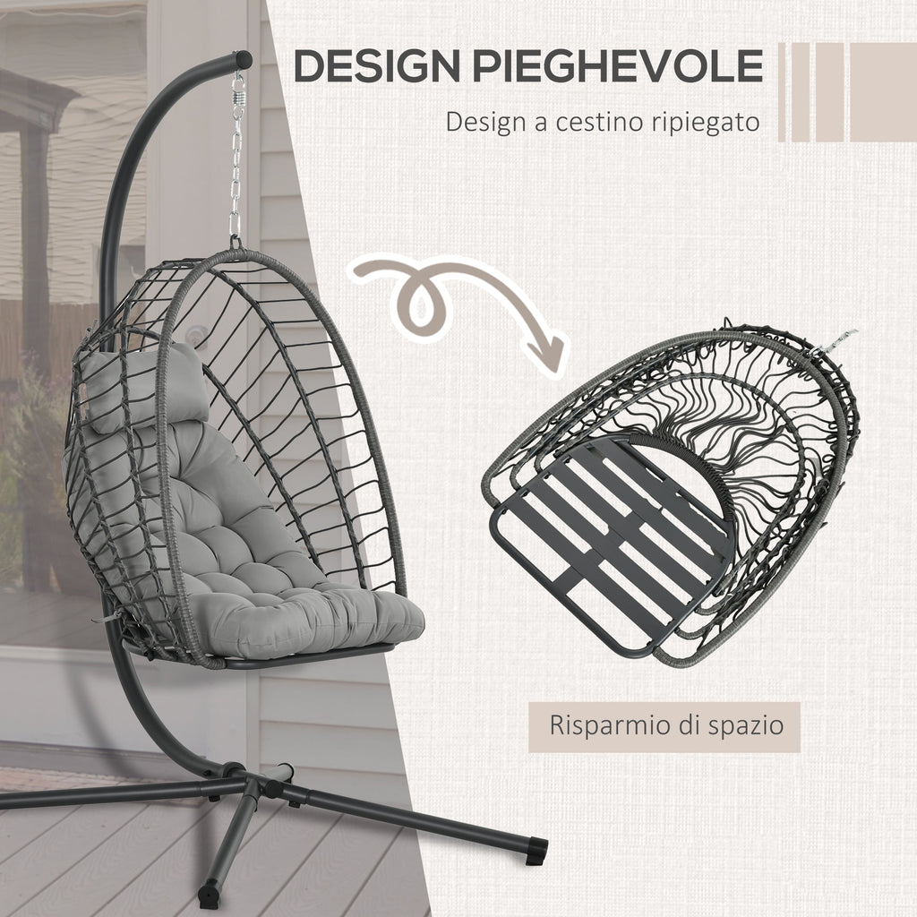 EasyComfort Hangstoel PE-rattan inklapbaar met kussen, staal, grijs