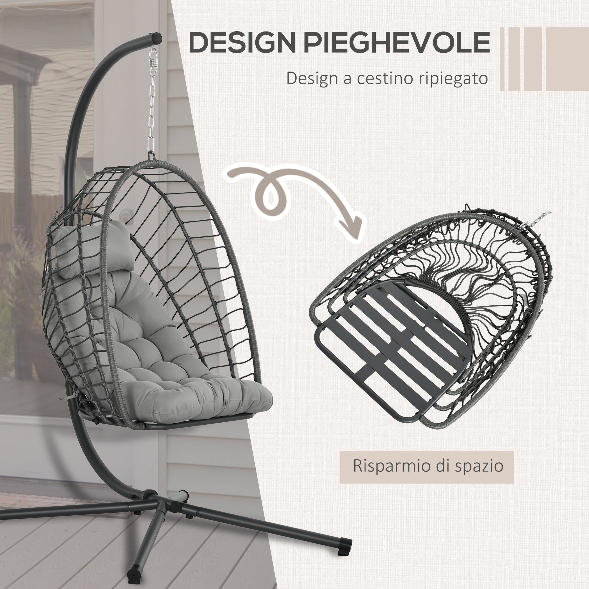 EasyComfort Hangstoel PE-rattan inklapbaar met kussen, staal, grijs