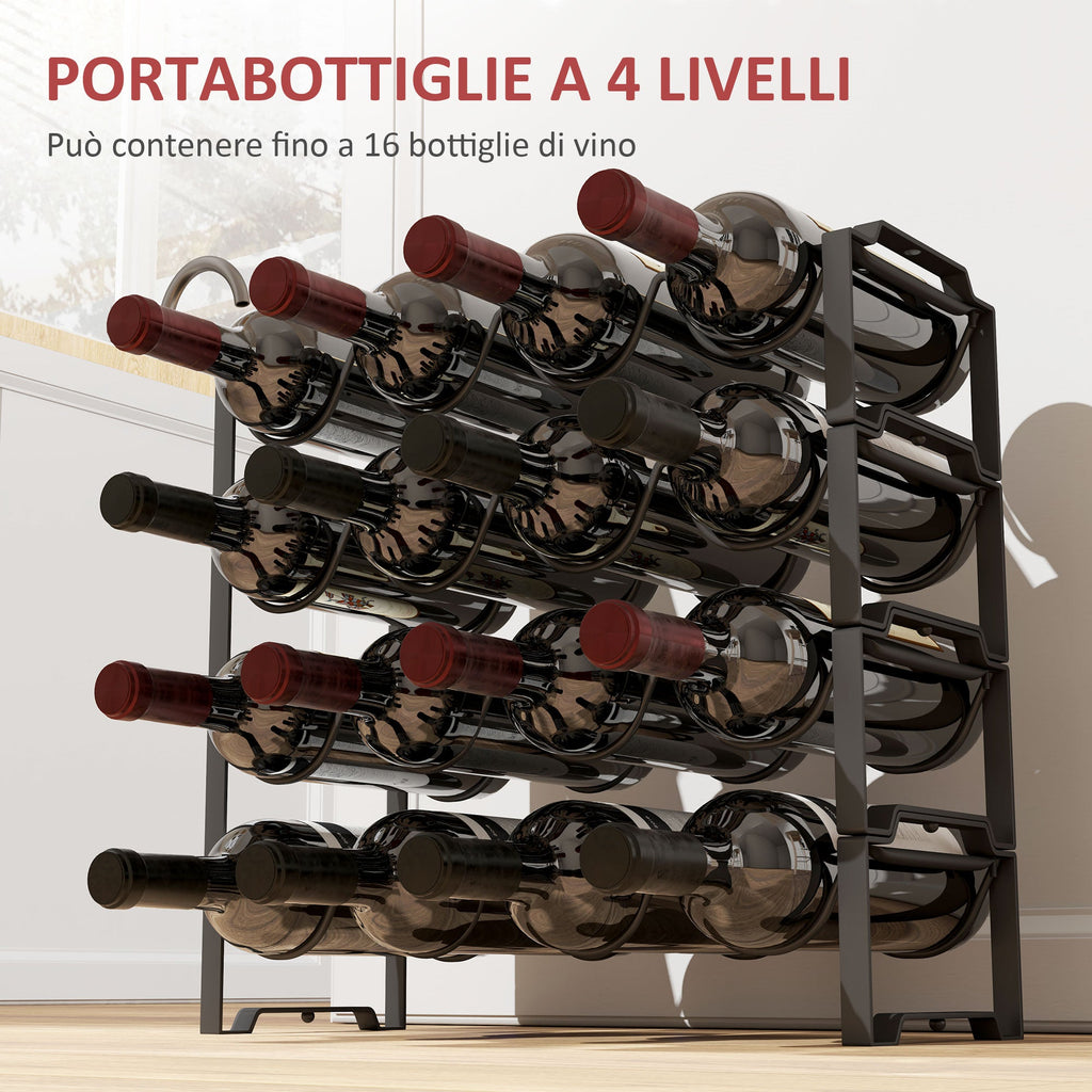 EasyComfort Portabottiglie a 4 Livelli a Onda Impilabili per 16 Bottiglie, in Metallo, 42.5x16.5x41 cm, black
