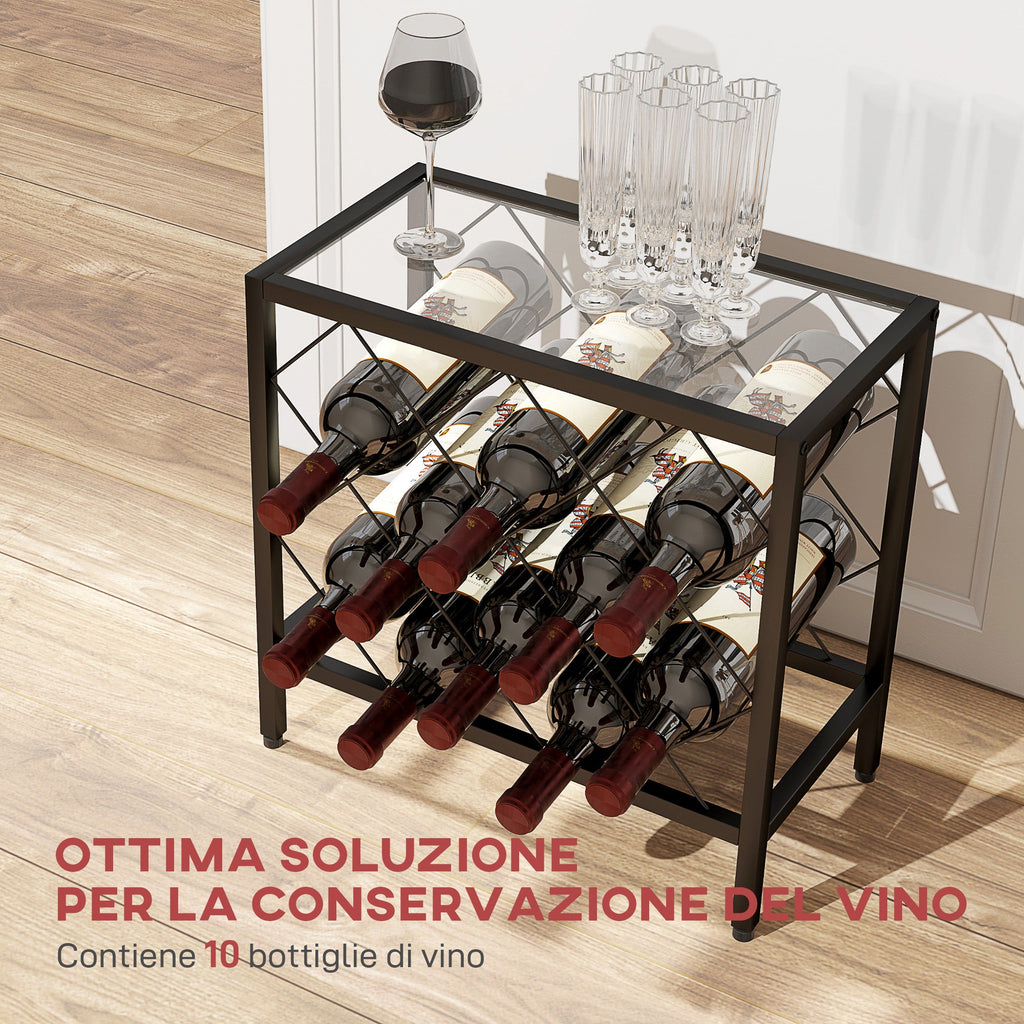 EasyComfort Portabottiglie Vini per 10 Bottiglie in Acciaio black with Piano d'Appoggio in Vetro Temperato, 41x22x41 cm