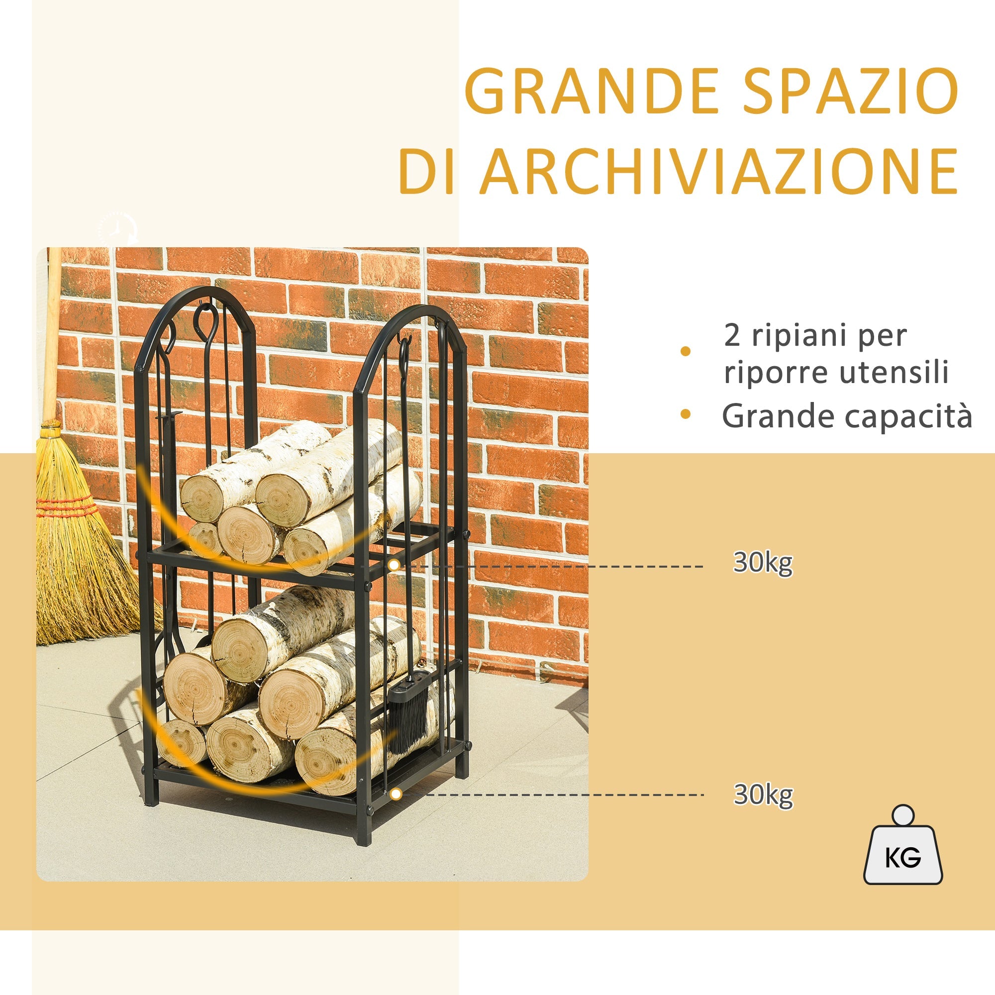 EasyComfort Portalegna a 2 Ripiani in Metallo with Paletta, Scopa, Attizzatoio e Pinza, 41.5x32.5x74.5 cm, black
