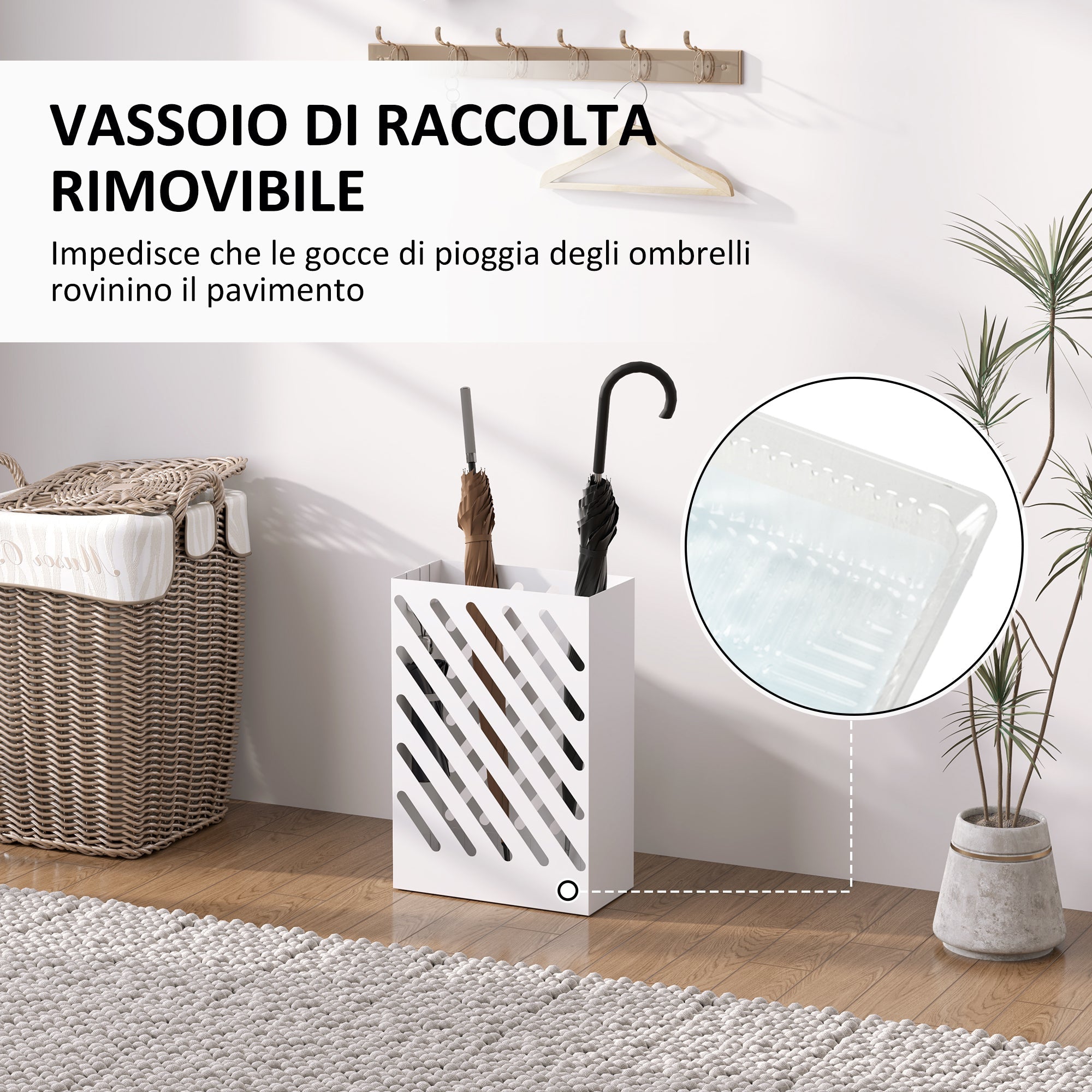 EasyComfort Portaombrelli di Design with Vaschetta Raccogli Gocce e 4 Ganci in Metallo, 28x14x41 cm, white