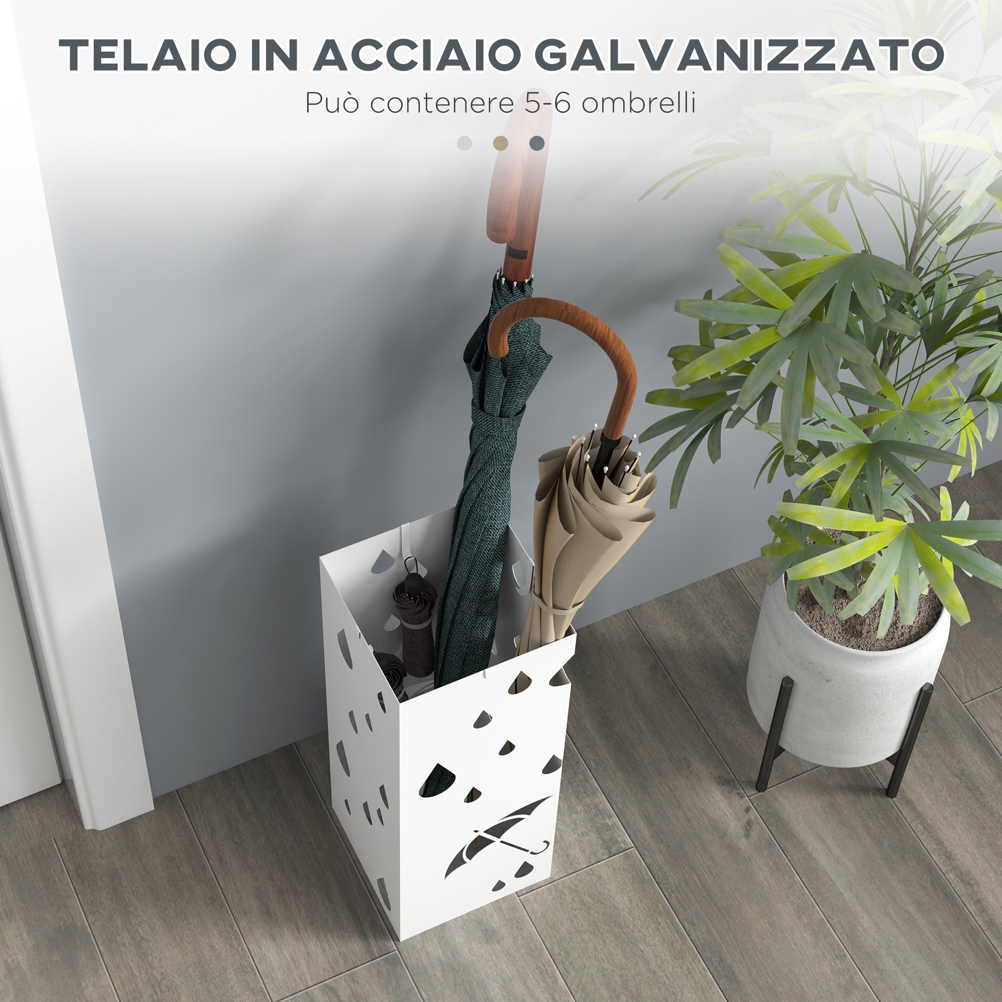 EasyComfort Portaombrelli in Metallo with 4 Ganci e Vaschetta Raccogligocce, 15.5x15.5x41cm, white