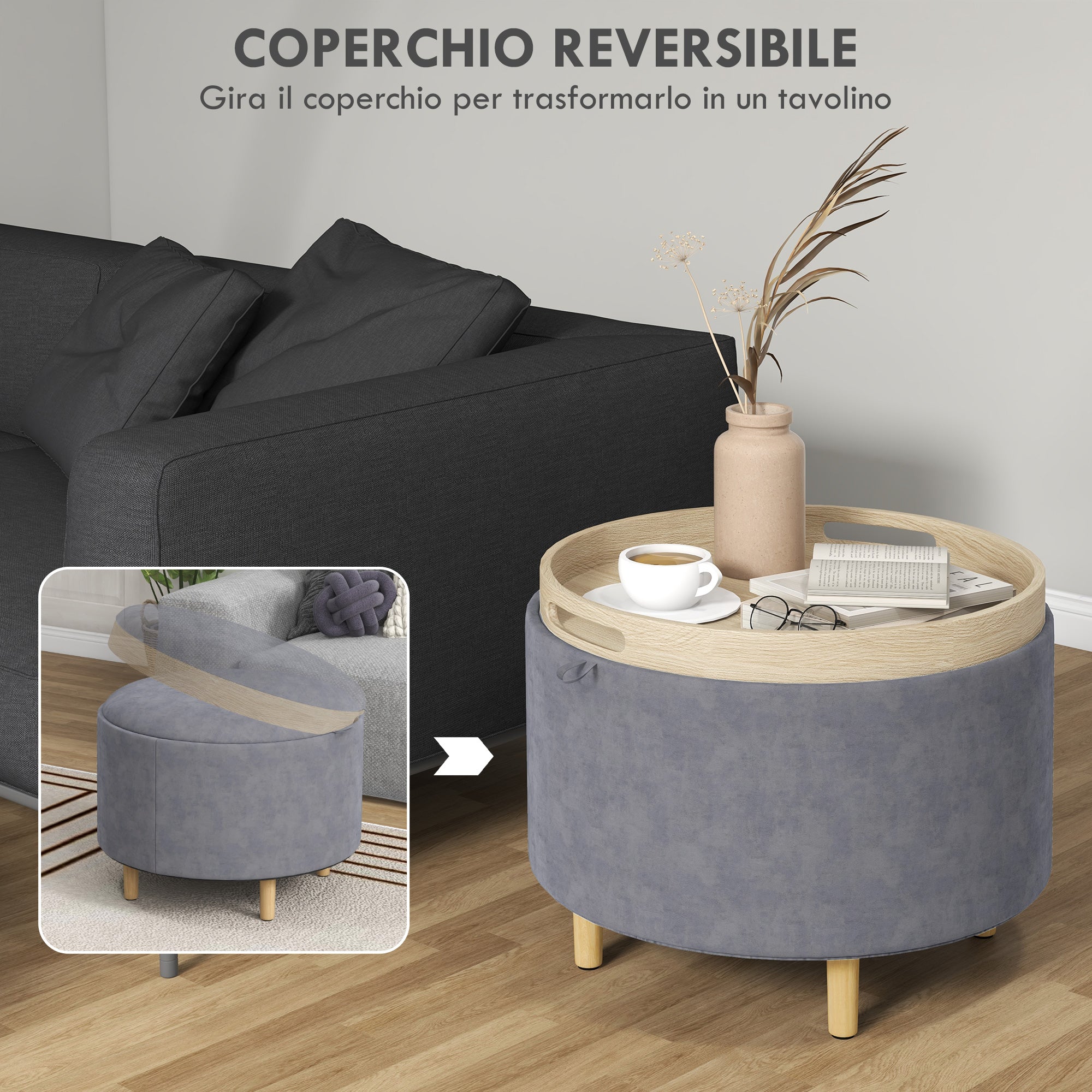 EasyComfort Pouf Contenitore Vellutato da 120 kg max with Vassoio a Ribalta, in MDF e Rovere, 56x56x42 cm, Grigio