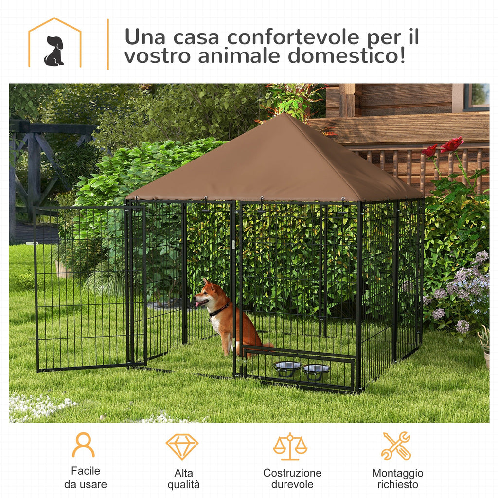 EasyComfort Recinto per Cani in Metallo e Tessuto Oxford con Porticina per Ciotole, 141x141x151 cm, Nero e Marrone