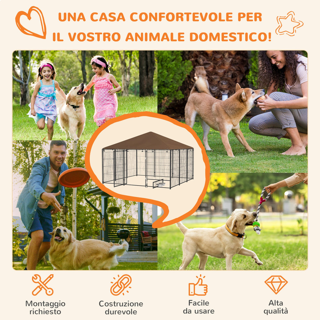 EasyComfort Recinto per Cani in Metallo e Tessuto Oxford con Porticina per Ciotole, 211x211x151 cm, Nero e Marrone
