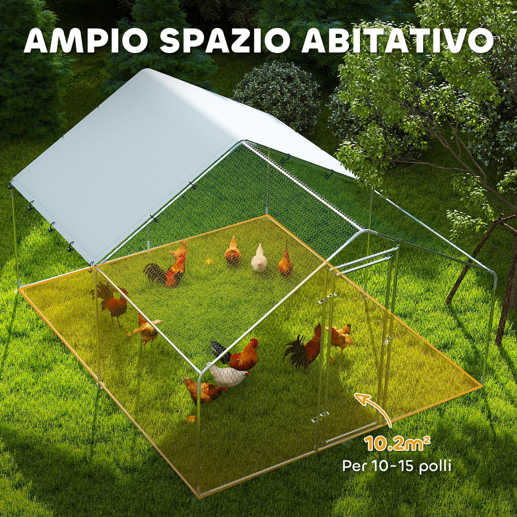 EasyComfort Recinto per Galline da 10.2m² per 10-15 Galline con Tetto Impermeabile, in Acciaio e Tessuto, 3x3.4x1.9 m, Argento