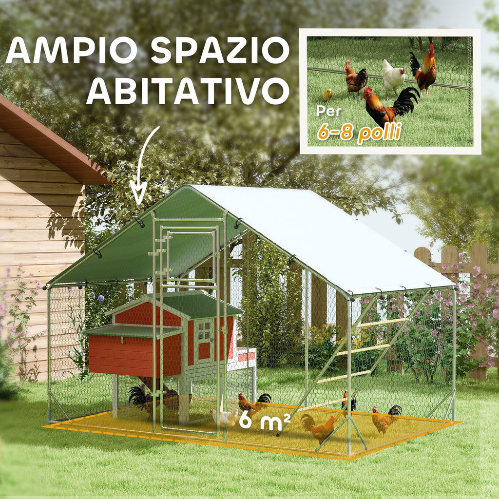 EasyComfort Recinto per Galline da 6m² per 6-8 Animali con Tetto Impermeabile, Mangiatoia e Posatoio, 3x2x1.9m, Argento