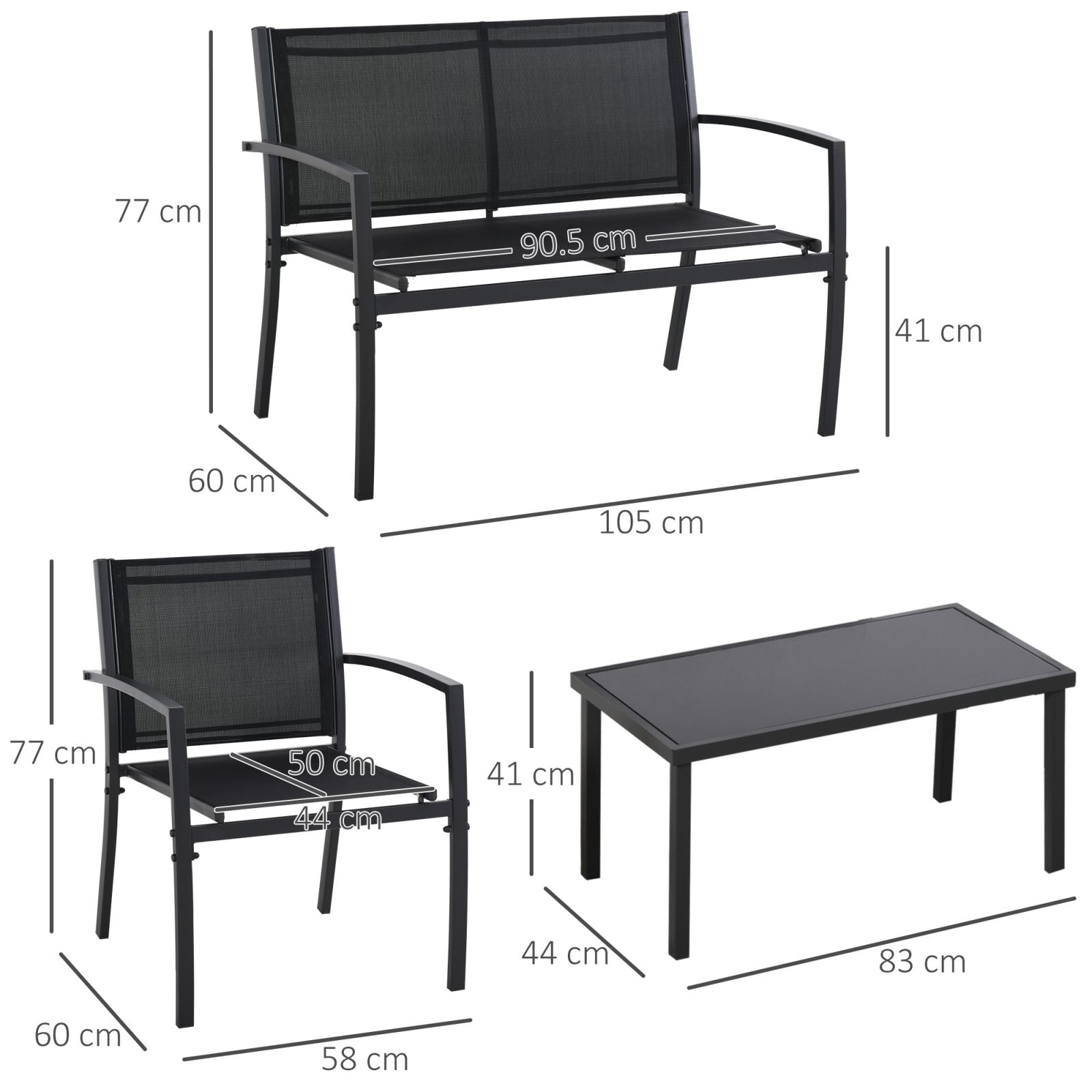 EASYCOMFORT Outdoor Lounge, 4-piece Set with 1 Coffee Table, 2 Garden Chairs and 1 Metal Bench, Black
