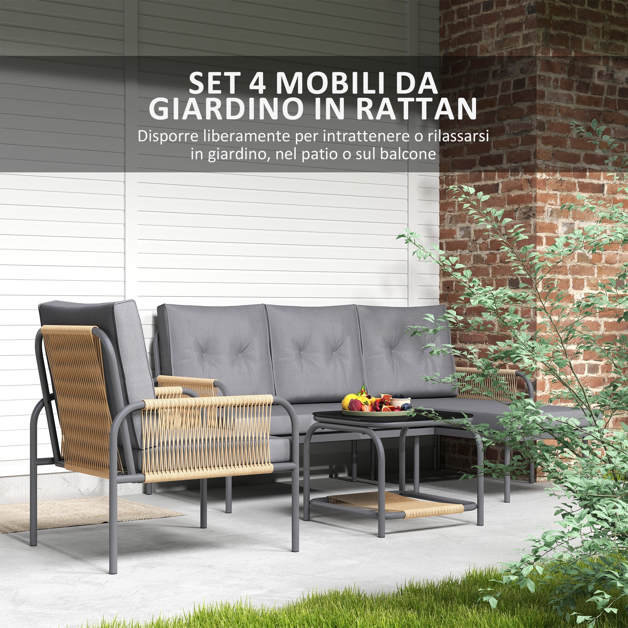 EasyComfort 4-delige rattan tuinset met 2-zitsbank, chaise longue en tafel