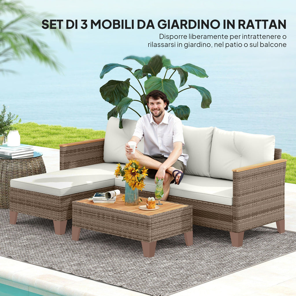 EasyComfort Tuinlounge rattan PE 2-zits + chaise longue + salontafel crème