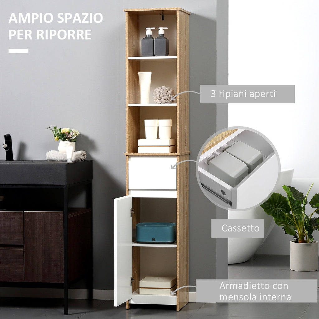 Easycomfort Scaffale Bagno Salvaspazio in Legno, Mobiletto a Colonna with Ripiani, Armadietto e Cassetto, white, 32.6x30x171.2cm