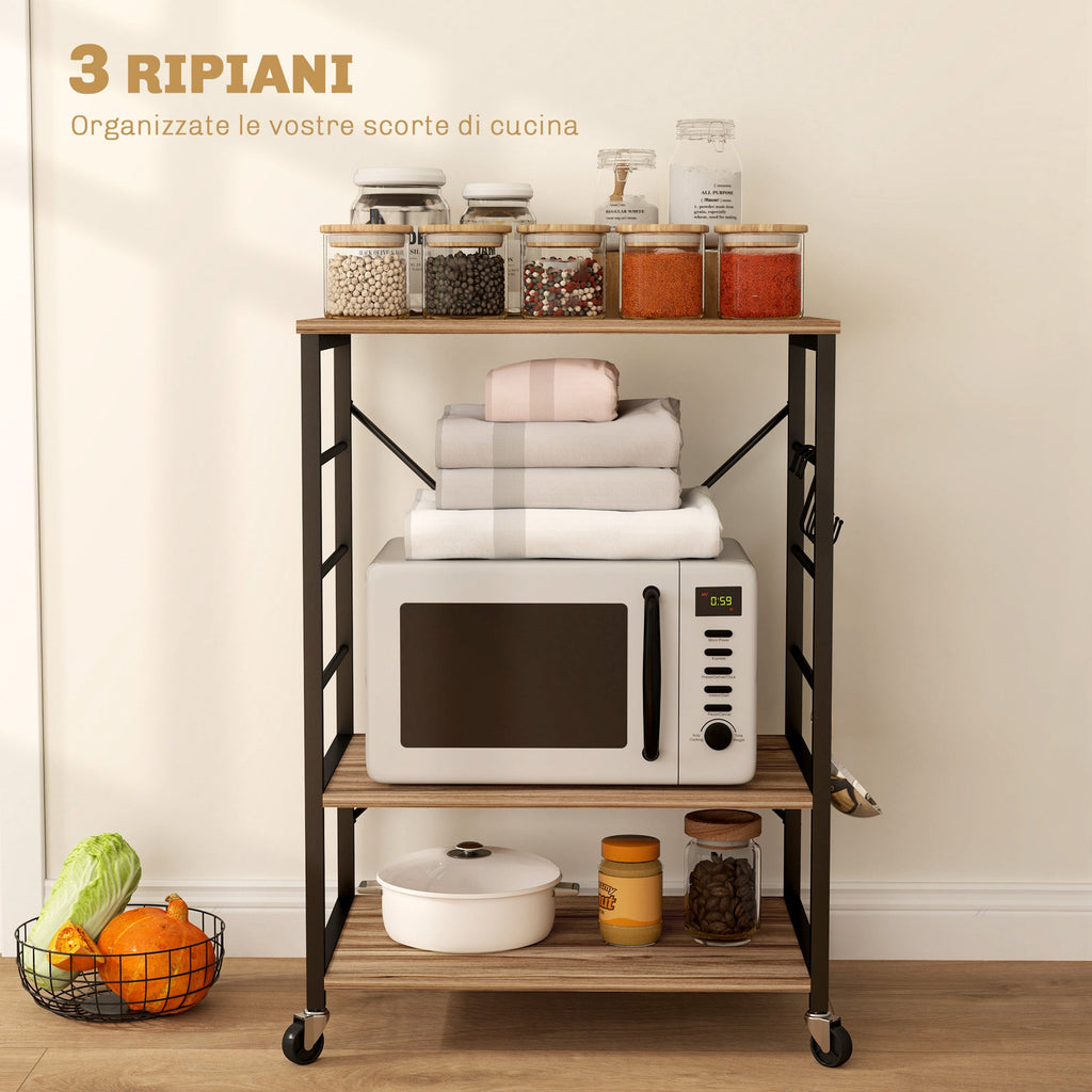 EasyComfort Scaffale da Cucina a 3 Livelli with Ruote e 4 Ganci, Industriale e Struttura in Acciaio,Telaio del carrellino, 60x40x84cm, Teak
