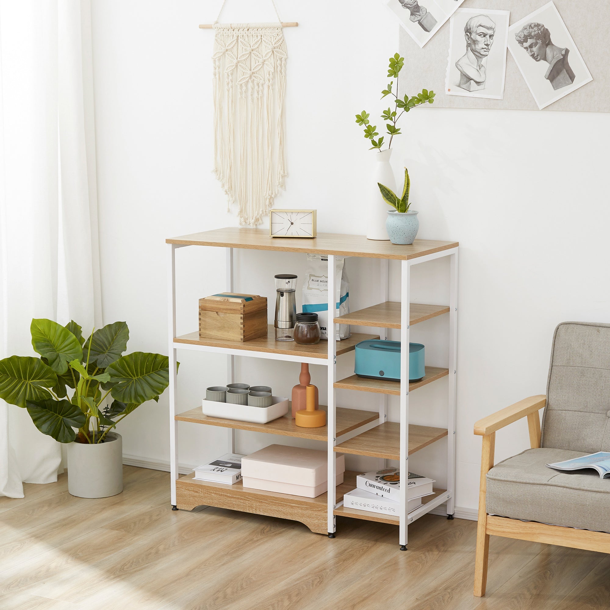 Easycomfort Scaffale da Cucina Basso Salvaspazio Stile Industriale, Mobiletto with 7 Ripiani per Cucina in Metallo e Legno, 90x40x95cm, white