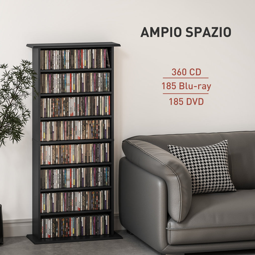 EasyComfort Mobile CD-kast, 6 verstelbare planken, 360 CD / 185 DVD, 58x24x124.5 cm, zwart