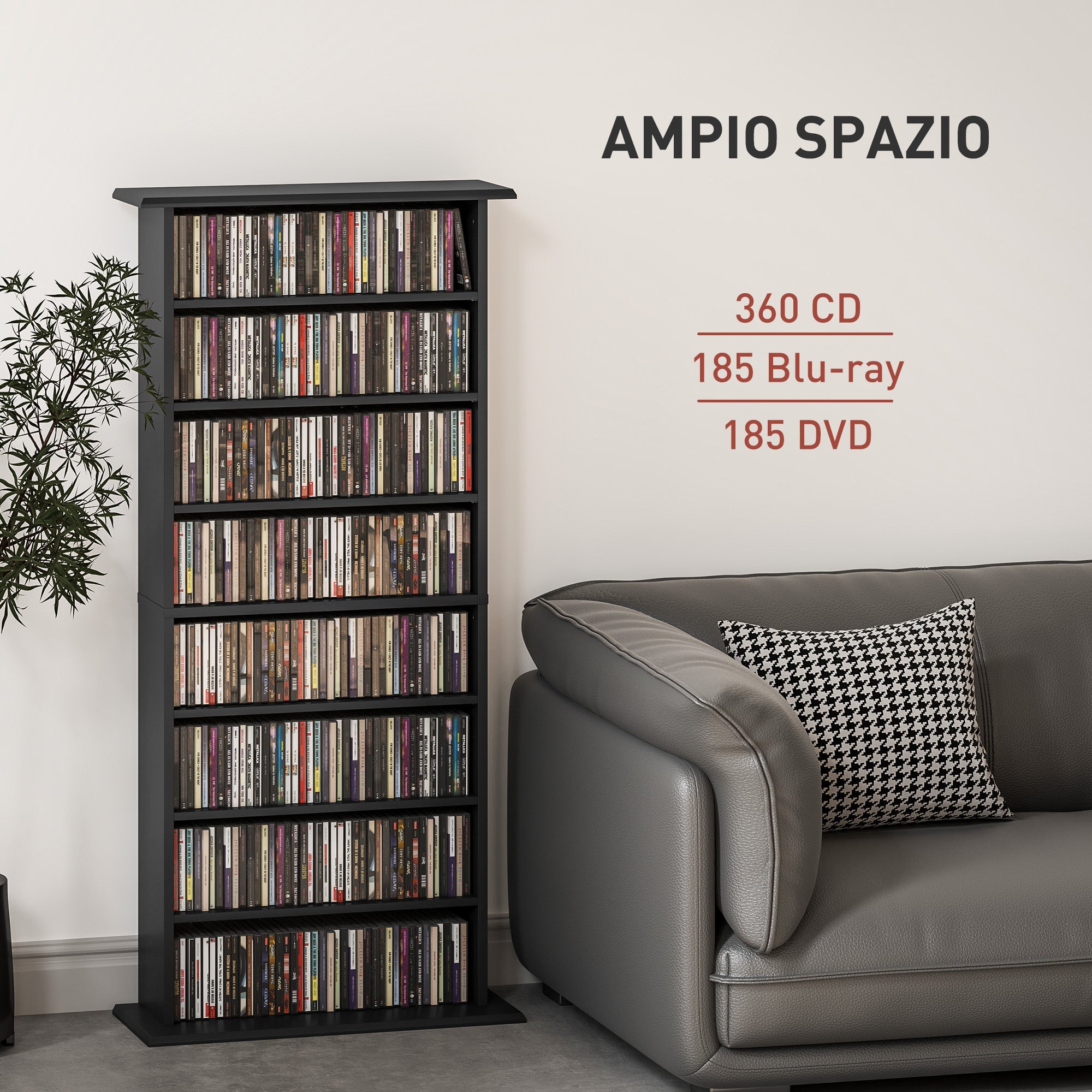EasyComfort Mobile Scaffale Porta CD with 6 Ripiani Regolabili, Capacità di 360 CD/185 DVD, Design Moderno in Legno 58x24x124.5 cm, black