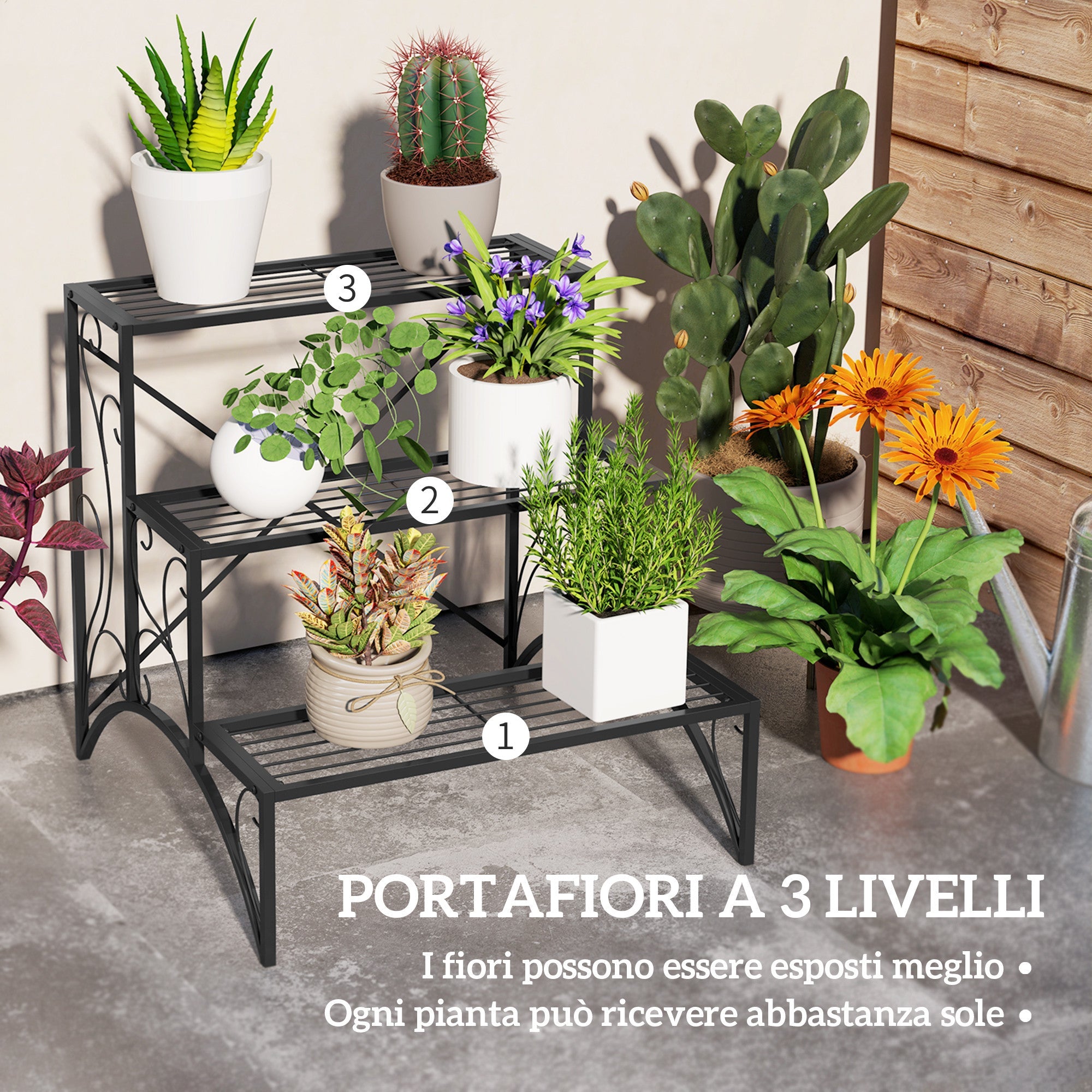 EasyComfort 3-laags plantenrek (ladder) 60x60x60 cm, zwart