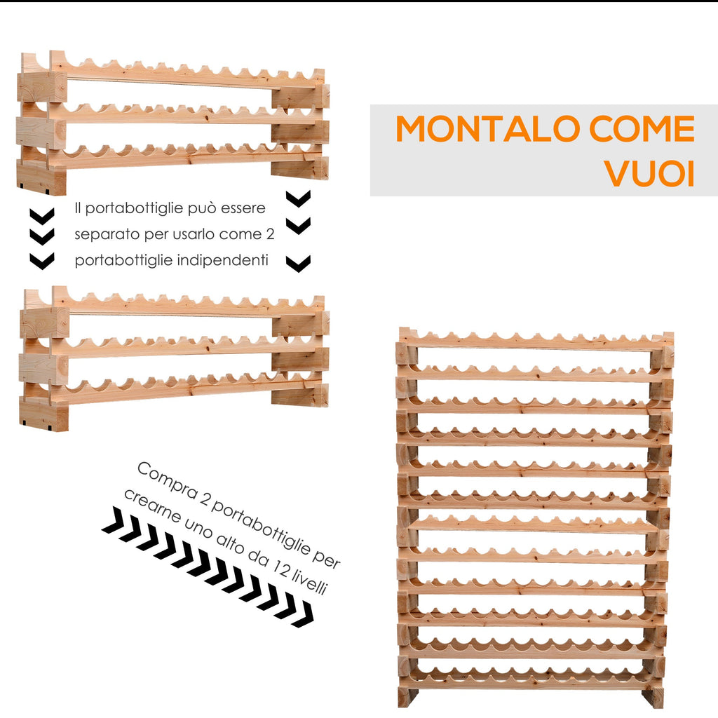 EasyComfort Scaffale Portabottiglie in Legno di Pino, Cantinetta with 6 Ripiani, Max 72 Bottiglie (100 kg), 114 x 28 x 80 cm