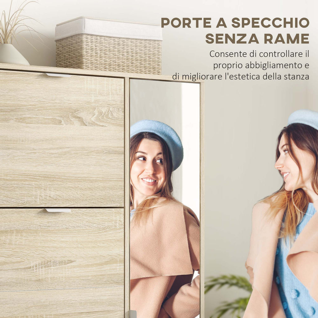 EasyComfort Scarpiera with Specchio per 16 Paia di Scarpe, 4 Cassetti a Ribalta e 2 Armadietti, 82x30x168cm, Rovere