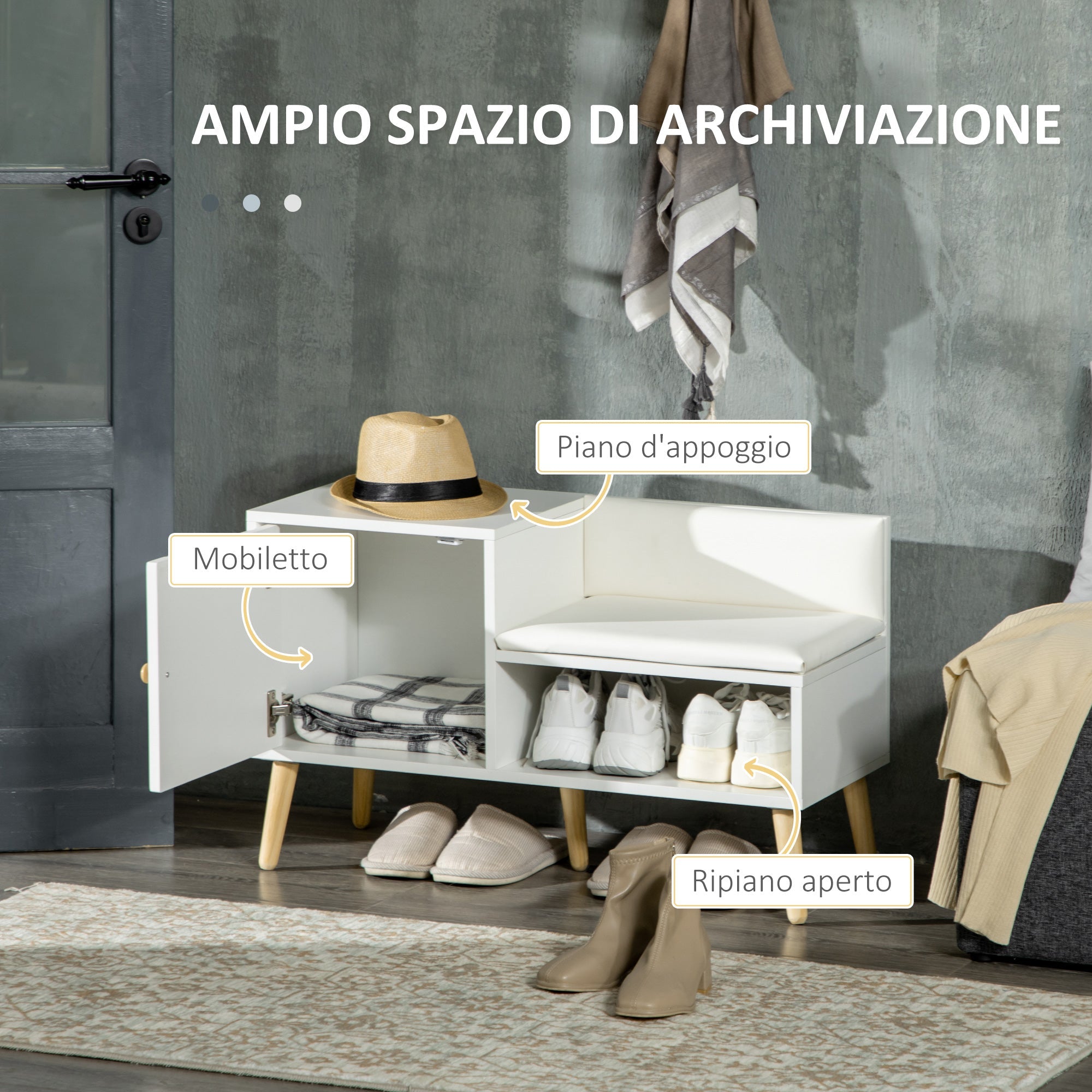 EasyComfort Scarpiera da Ingresso with Seduta Imbottita e Armadietto per 4 Paia di Scarpe, 80x33x49cm, white