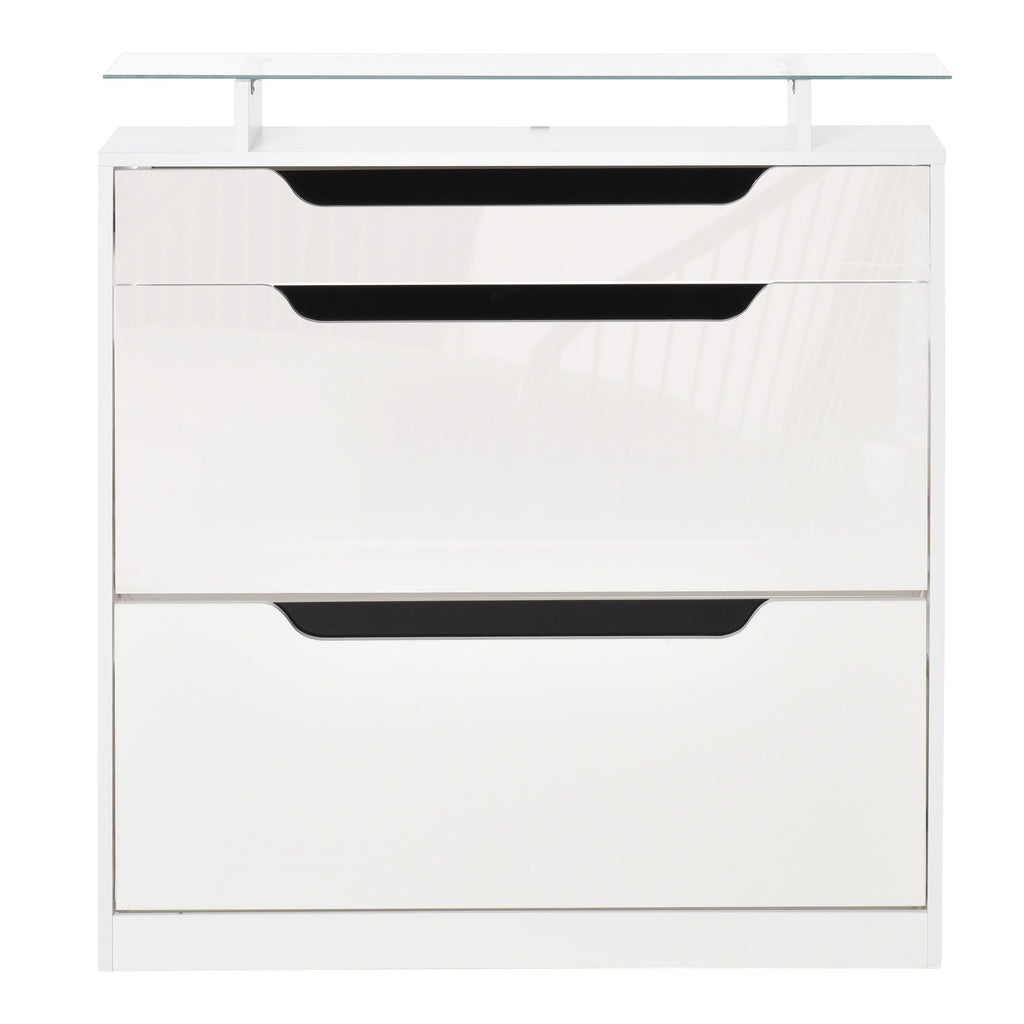 Easycomfort Scarpiera Moderna with 2 Cassetti per 16 Scarpe, Scarpiera a Ribalta with Mensola Regolabile e Ripiano in Vetro, 89x23x96cm, white Lucido