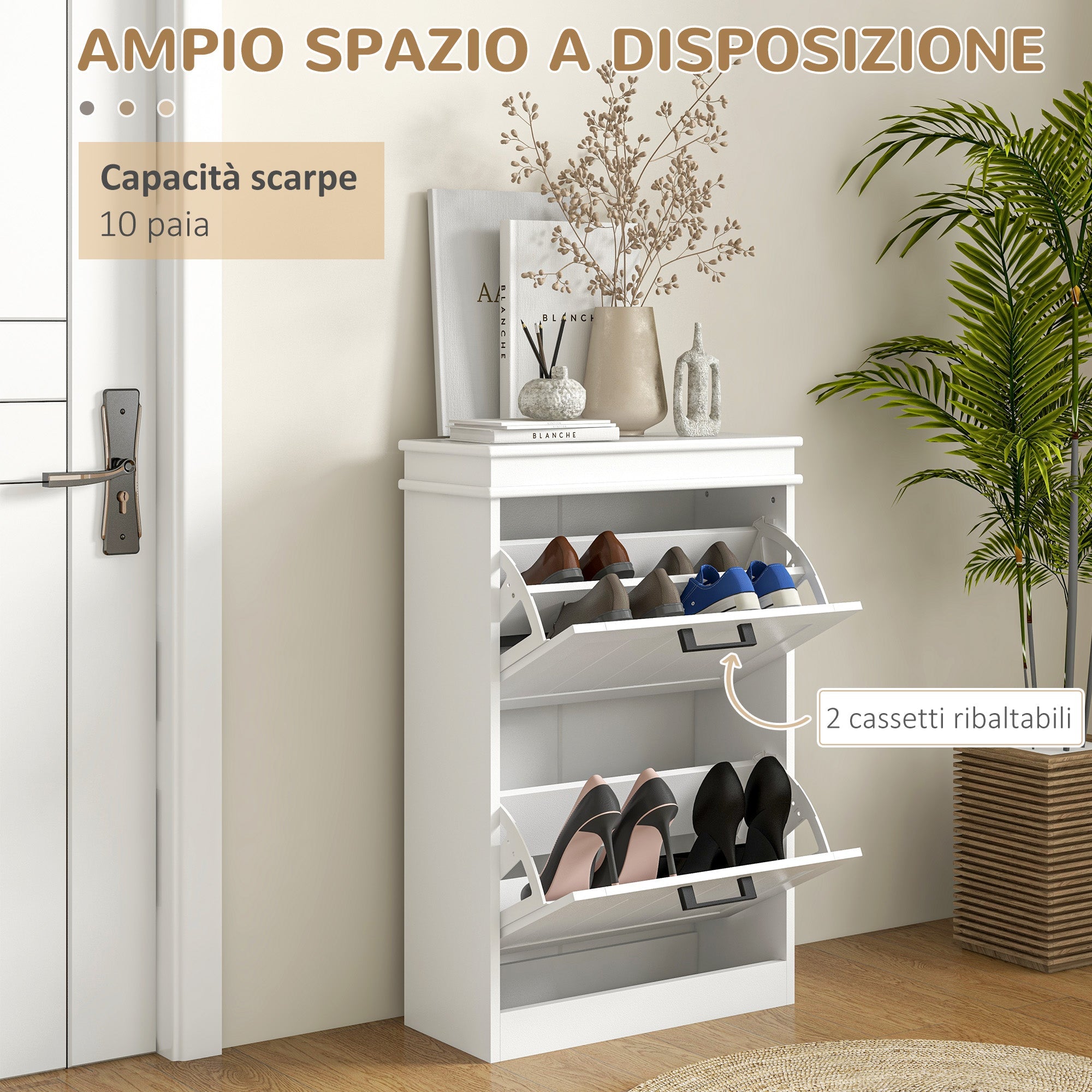 EasyComfort Scarpiera Moderna with 2 Cassetti Ribaltabili per 10 Paia di Scarpe e Ripiano Regolabile, 54x24x82.5cm, white