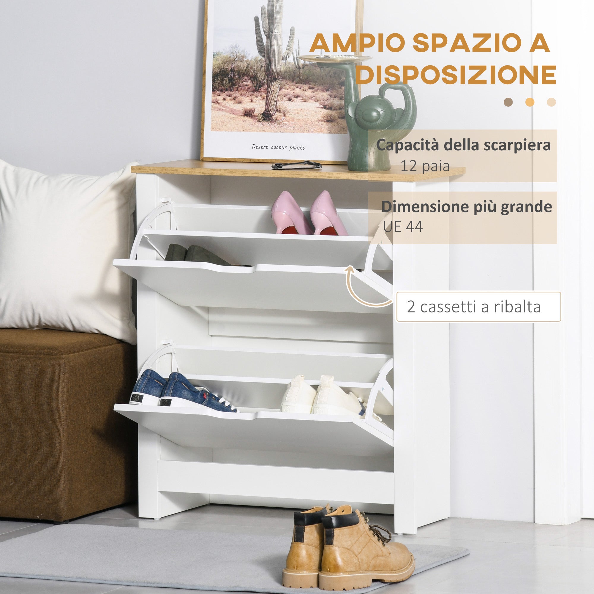 EasyComfort Scarpiera Moderna per 12 Paia Max with 2 Cassetti Regolabili e Rimovibili, in Legno, 72x26x80 cm, white