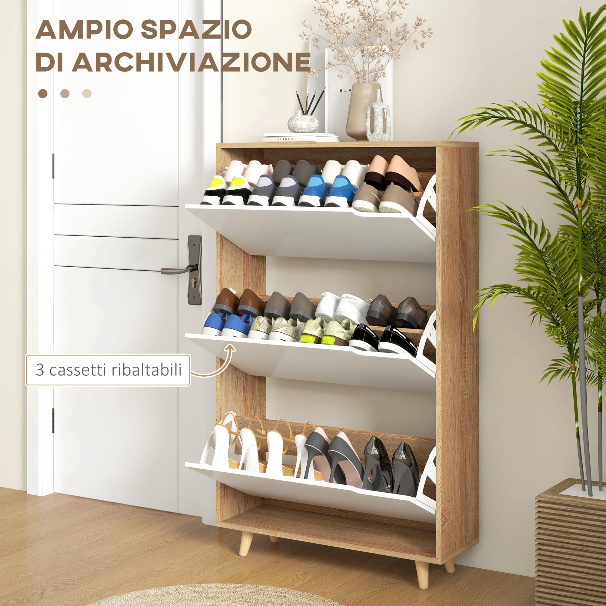 EasyComfort Scarpiera Salvaspazio a 3 Cassetti with Ripiano Regolabile per 18-24 Paia di Scarpe, 72x24x119cm, white