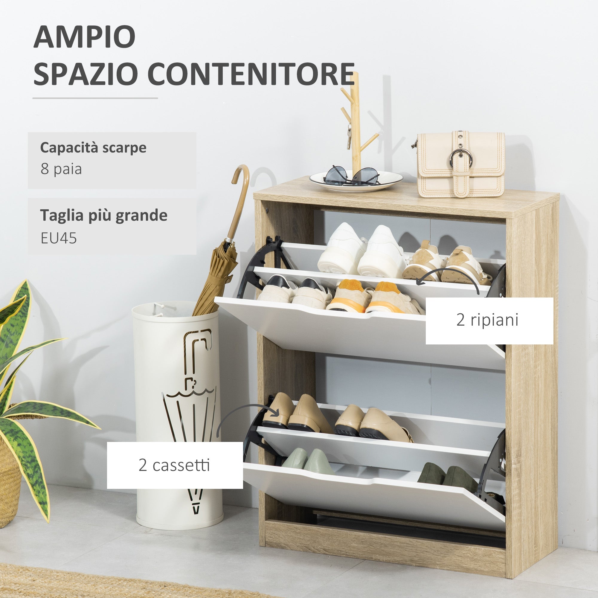 EasyComfort Scarpiera Salvaspazio Slim a 2 Cassetti per 8 Paia di Scarpe 62.5x26x81 cm, Legno e white