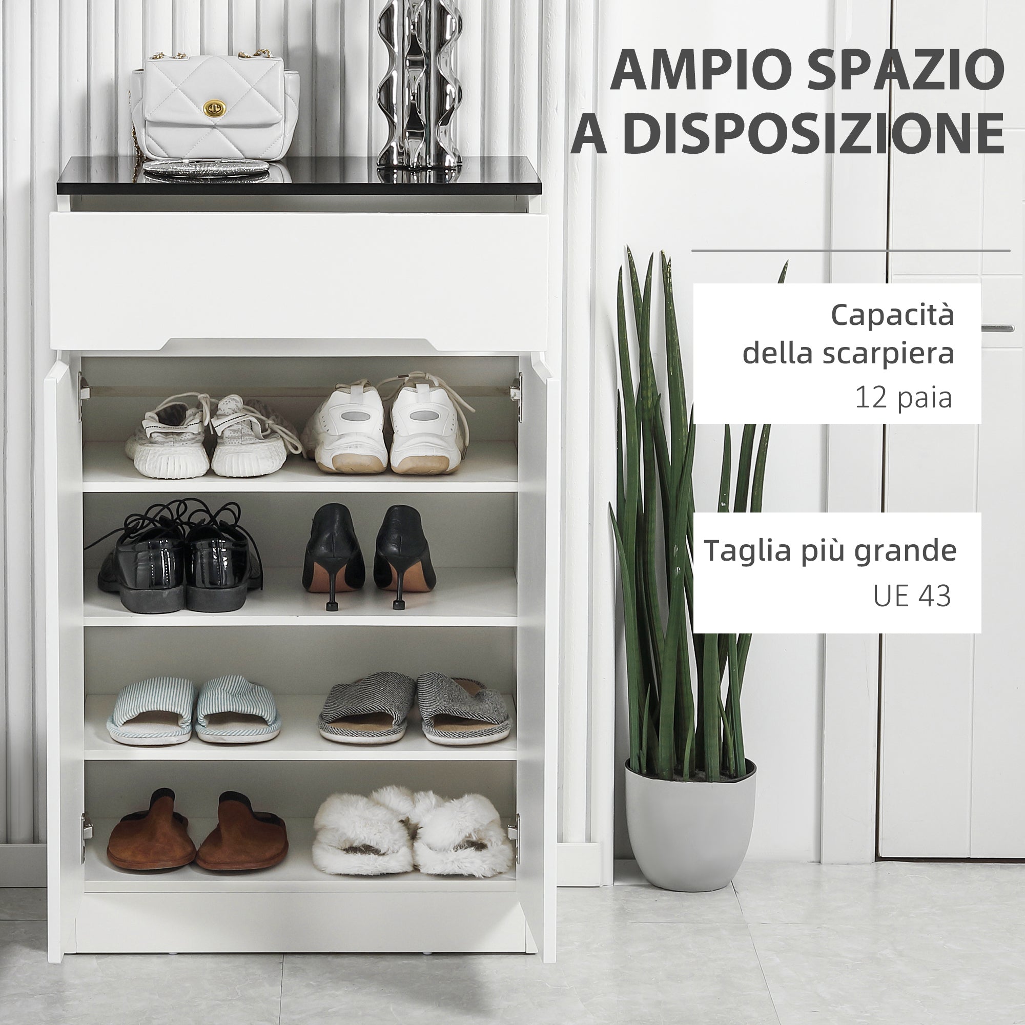 Easycomfort Scarpiera Slim da 12 Paia max per Ingressi with 3 Ripiani Regolabili e Cassetto, in Truciolato white, 60x32x100 cm