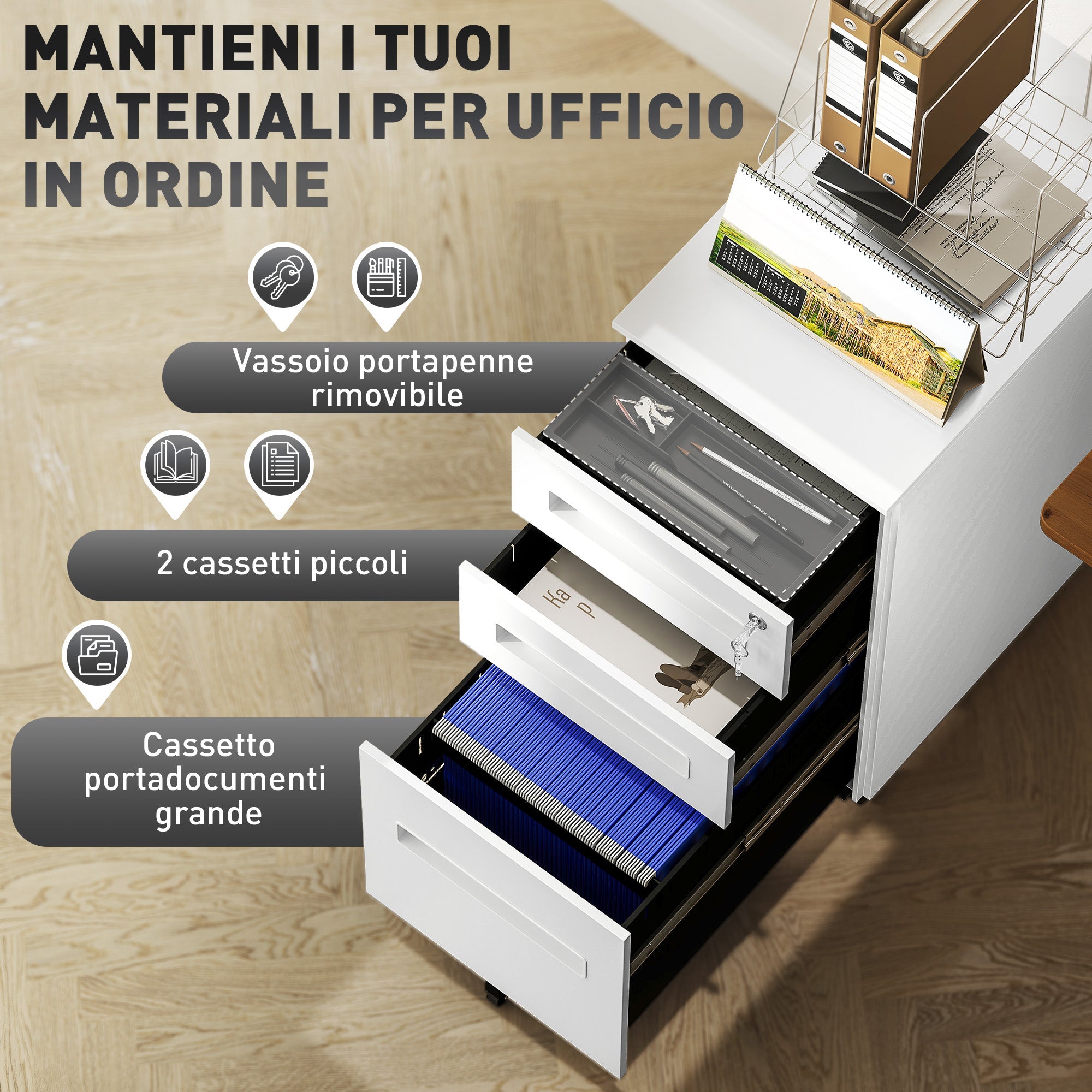 EasyComfort Schedario Portadocumenti in Acciaio a 5 Ruote con 2 Cassetti e Vassoio Portapenne, 30x43.5x60 cm, Bianco