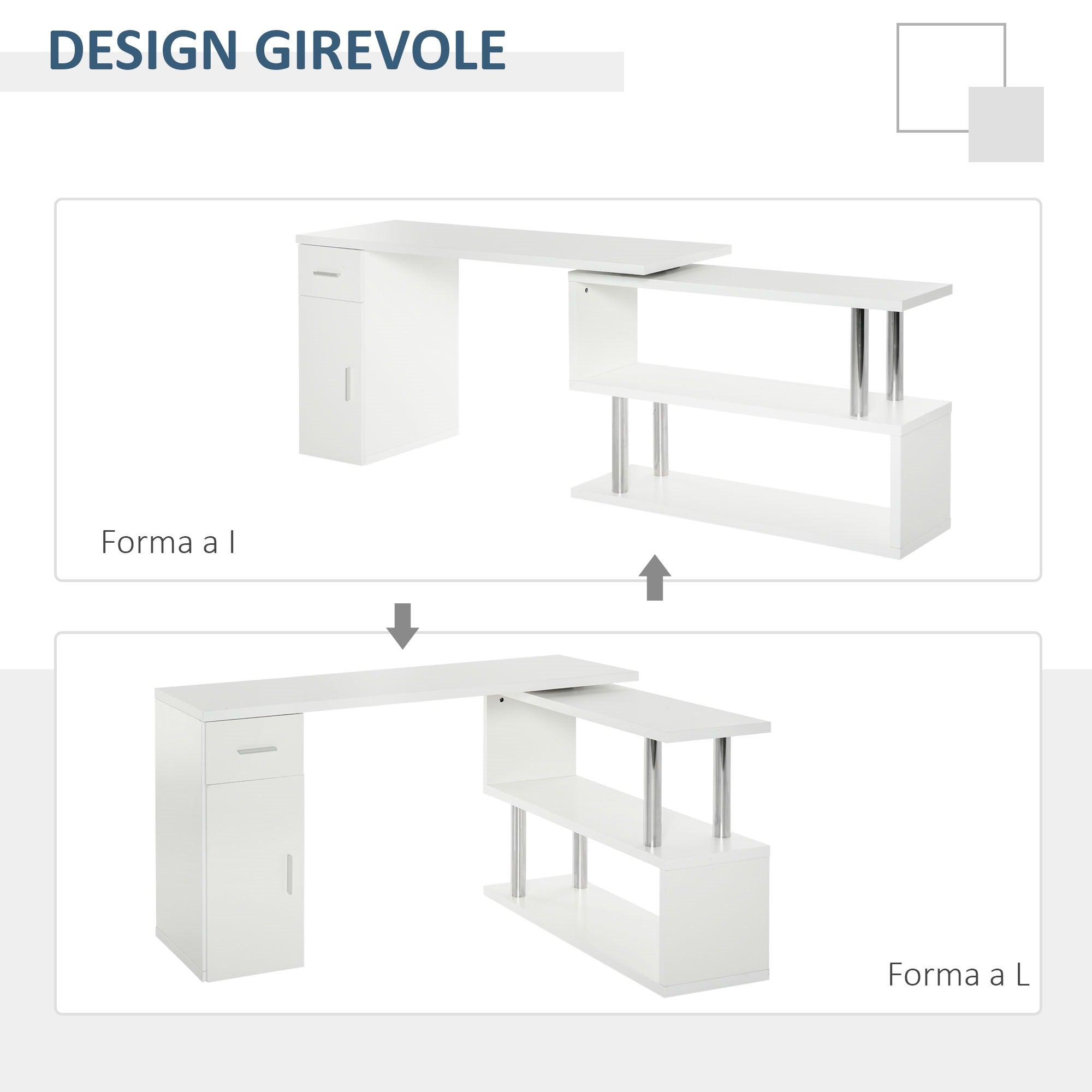 EasyComfort Scrivania Angolare Moderna in Legno with Cassetto, Armadietto e Mensole, Arredamento per Ufficio e Casa, white