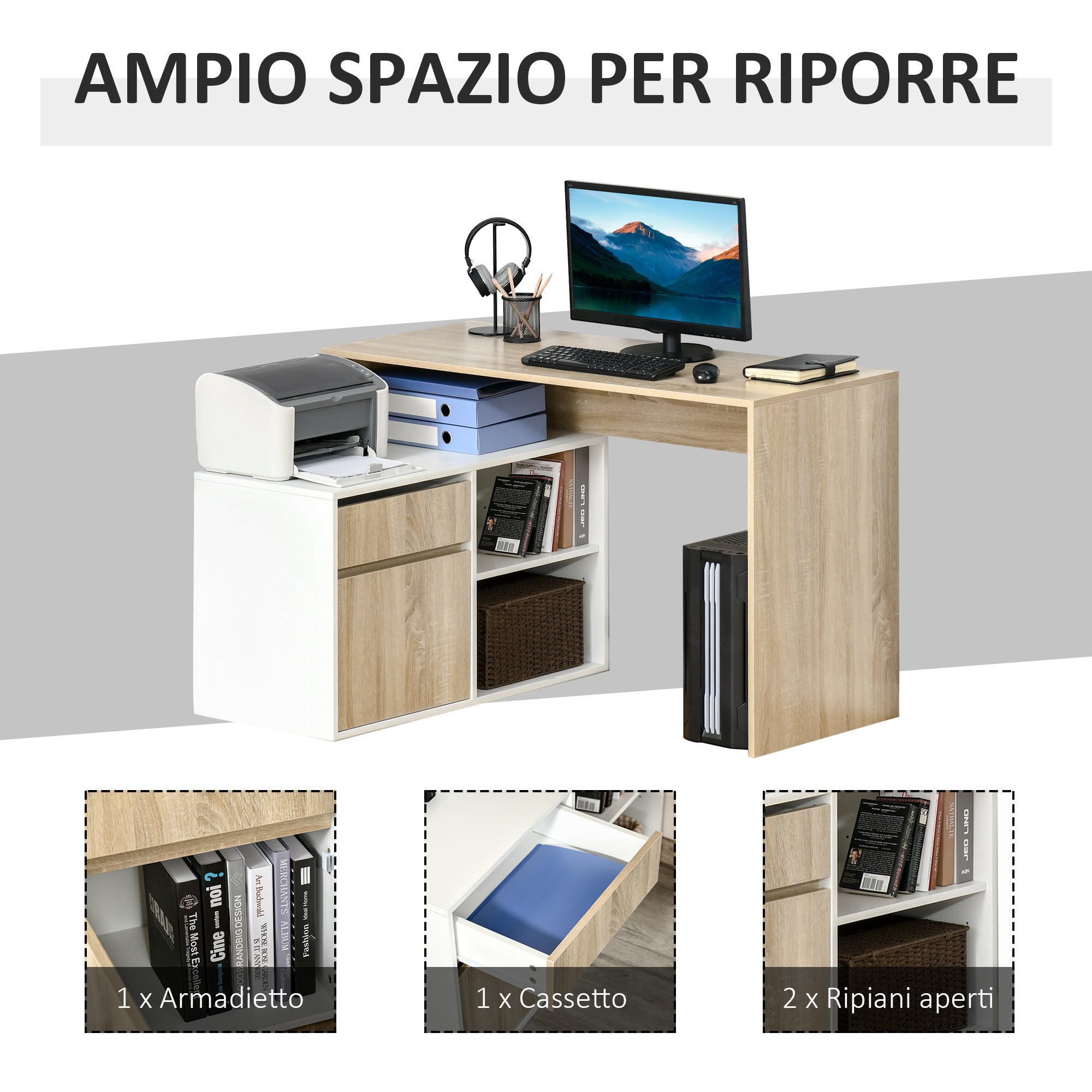 EasyComfort Scrivania Angolare Hoekbureau 120x92 cm, eik/wit
