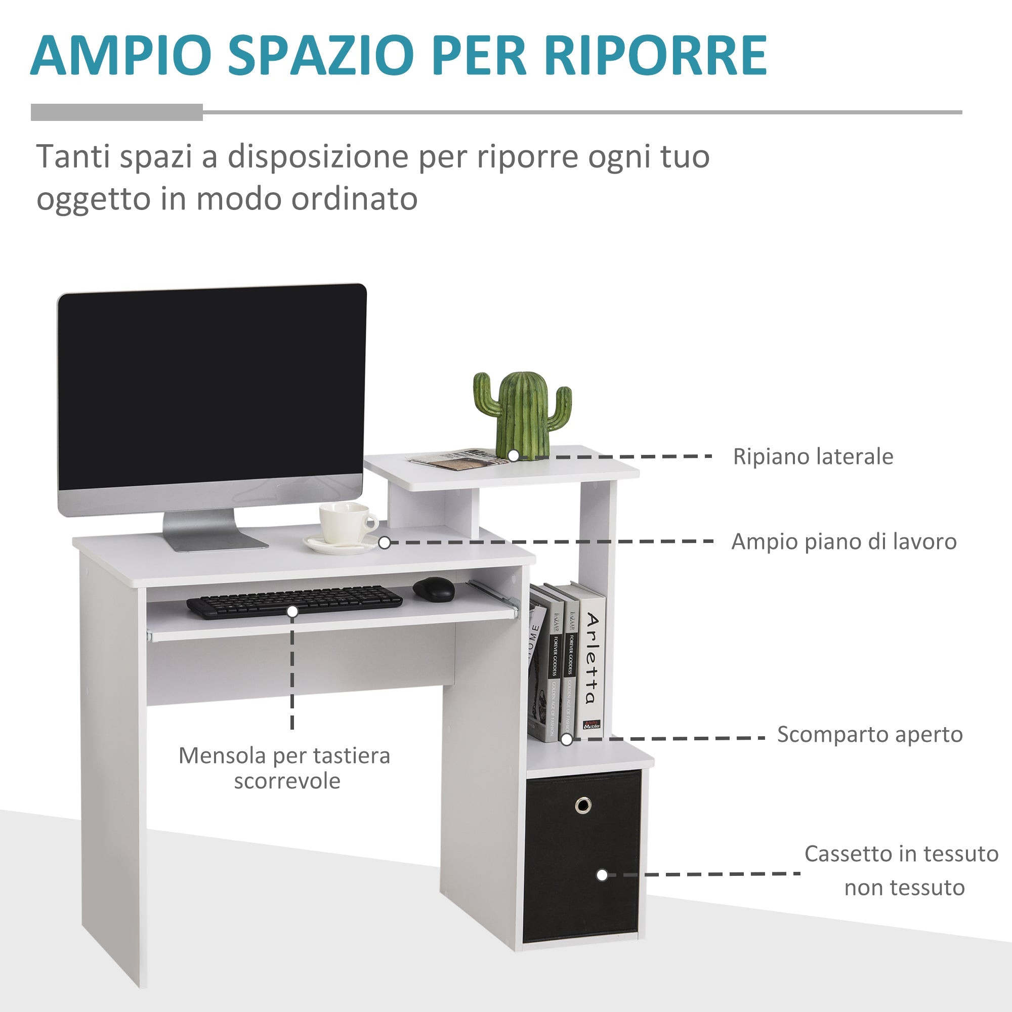 EasyComfort Moderne bureau met toetsenbordlade en stoffen lade 100x40x86.6 cm wit/zwart