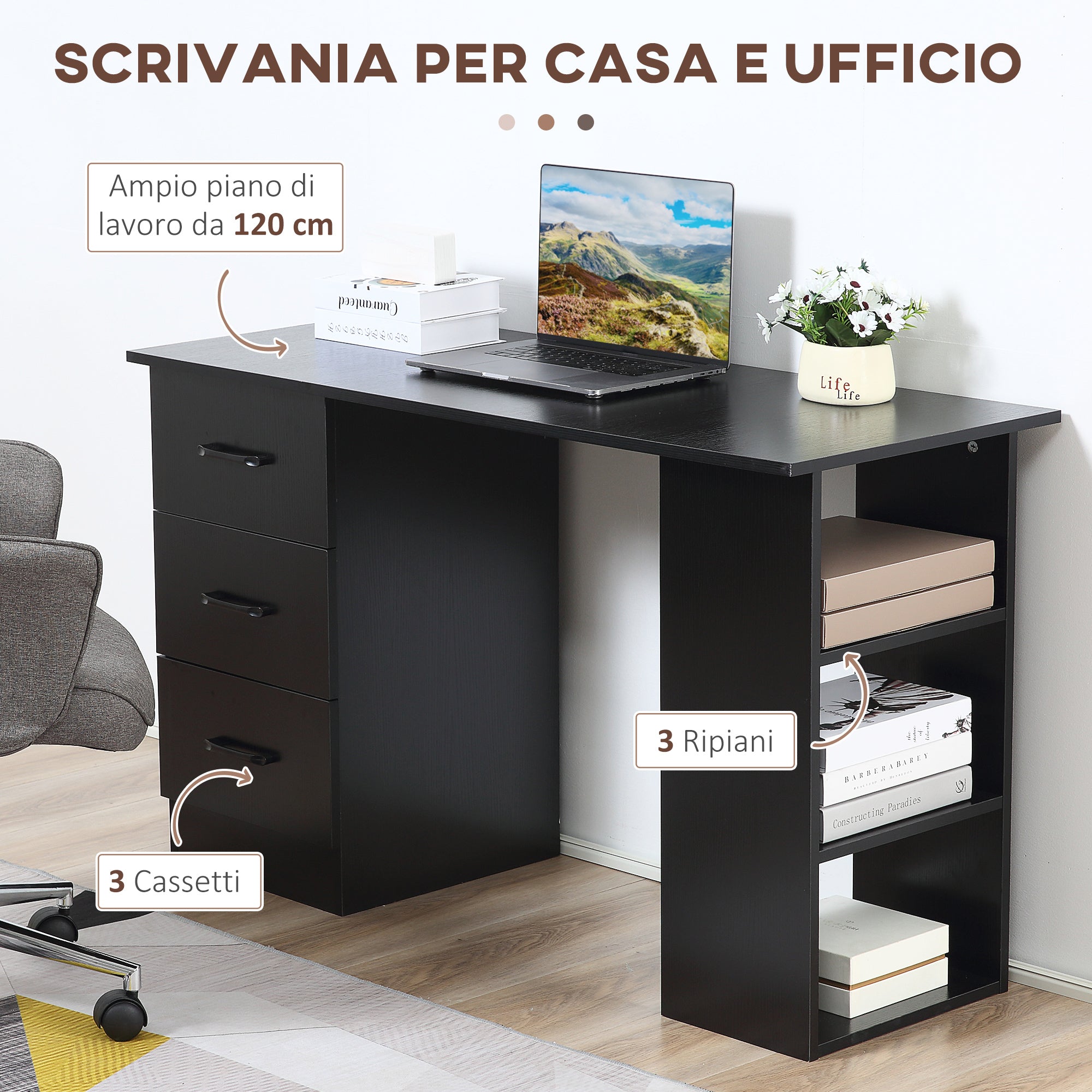 EasyComfort bureau 120x49x72 cm met 3 laden & 3 planken, zwart