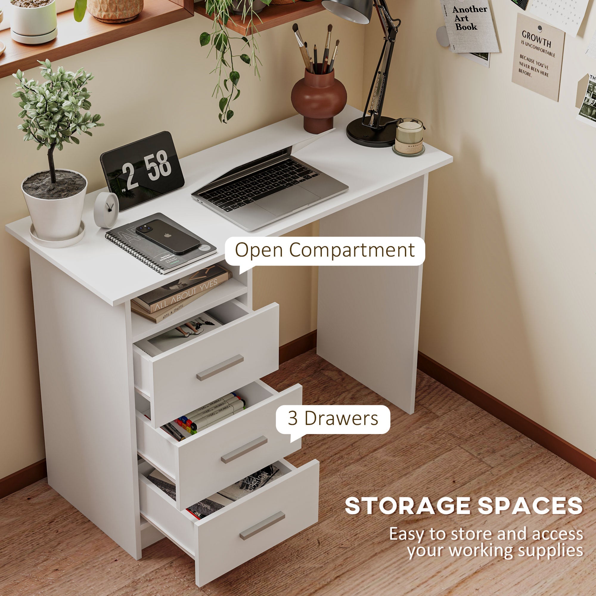 EasyComfort Modern bureau 100x40x75 cm, 3 lades, wit/bruin