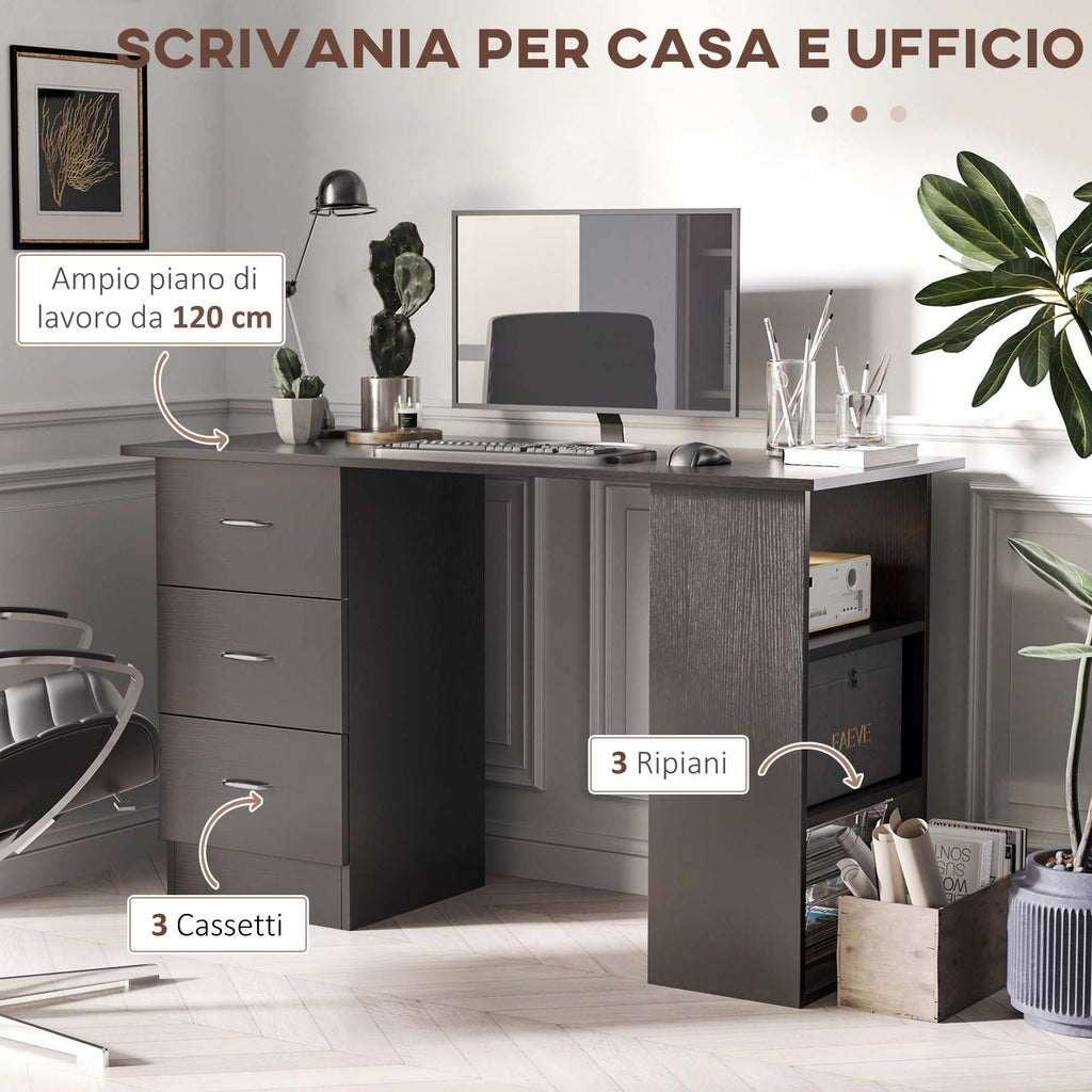 EasyComfort PC-bureau 120x49x72 cm, 3 planken, 3 lades, zwart