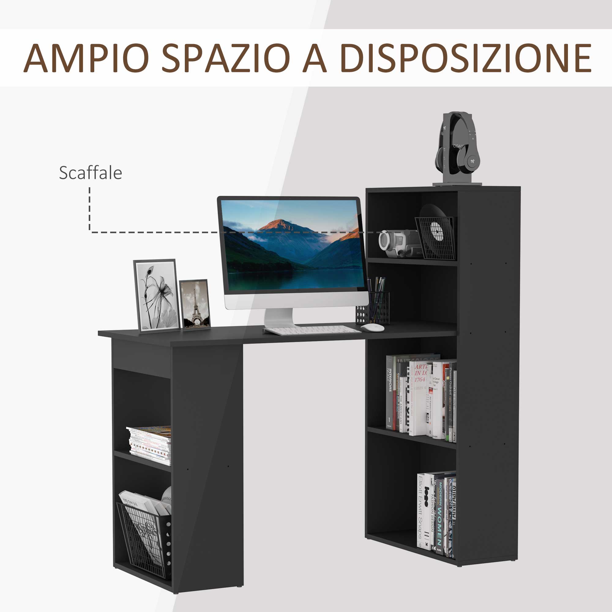 EasyComfort PC-bureau 120x55x120 cm, 6 planken, zwart