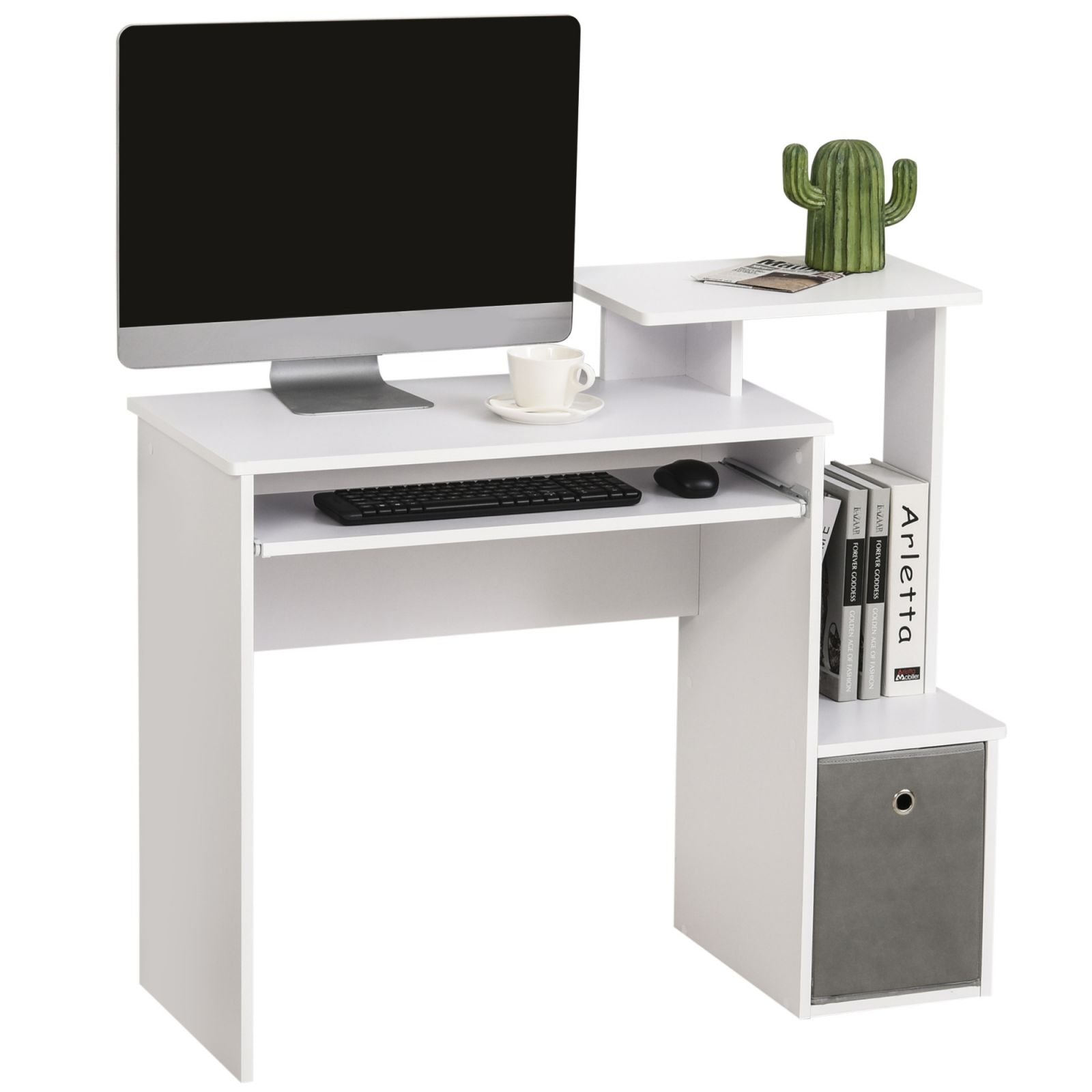 Easycomfort Scrivania Moderna per PC with Mensola Porta Tastiera, Ripiano e Cassetto in Tessuto, in Legno, 100x40x86.6cm, white