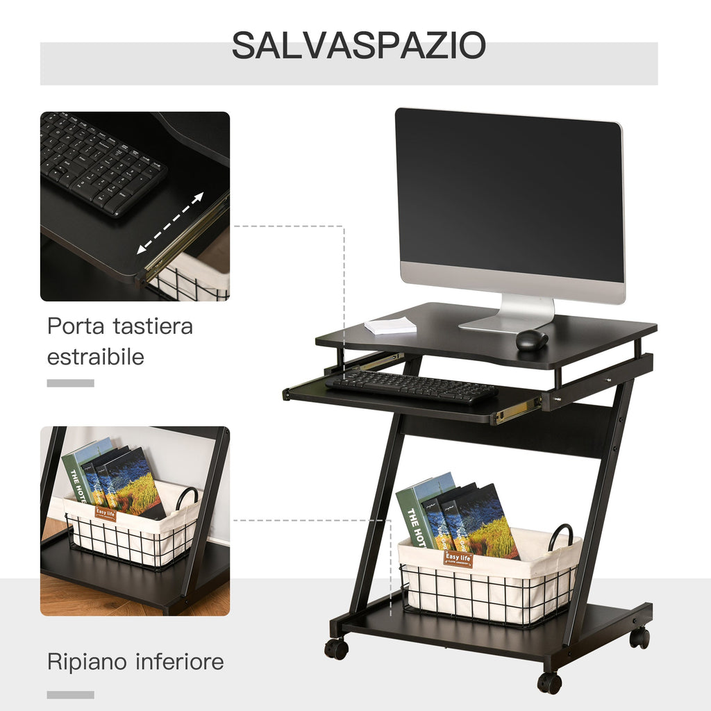 Easycomfort Scrivania per Computer Porta PC Classico e Salvaspazio, Scrivania per cameretta with Piano Tastiera a Scomparsa, 4 Ruote e Ripiano Inferiore black 60x48x73cm