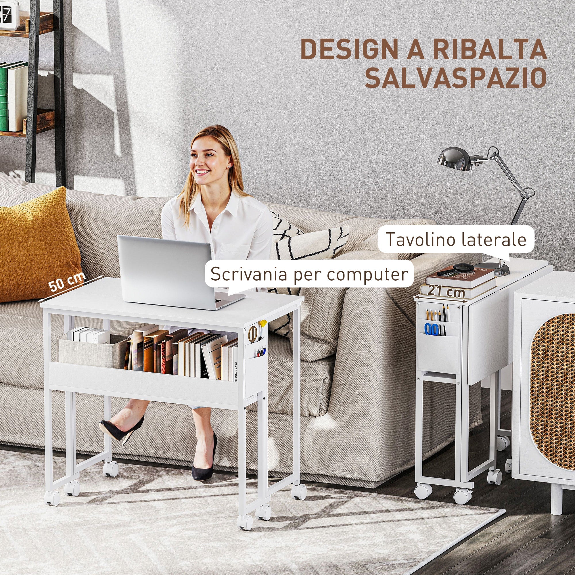 EasyComfort inklapbaar bureau met plank, zijvak en 6 wielen, wit