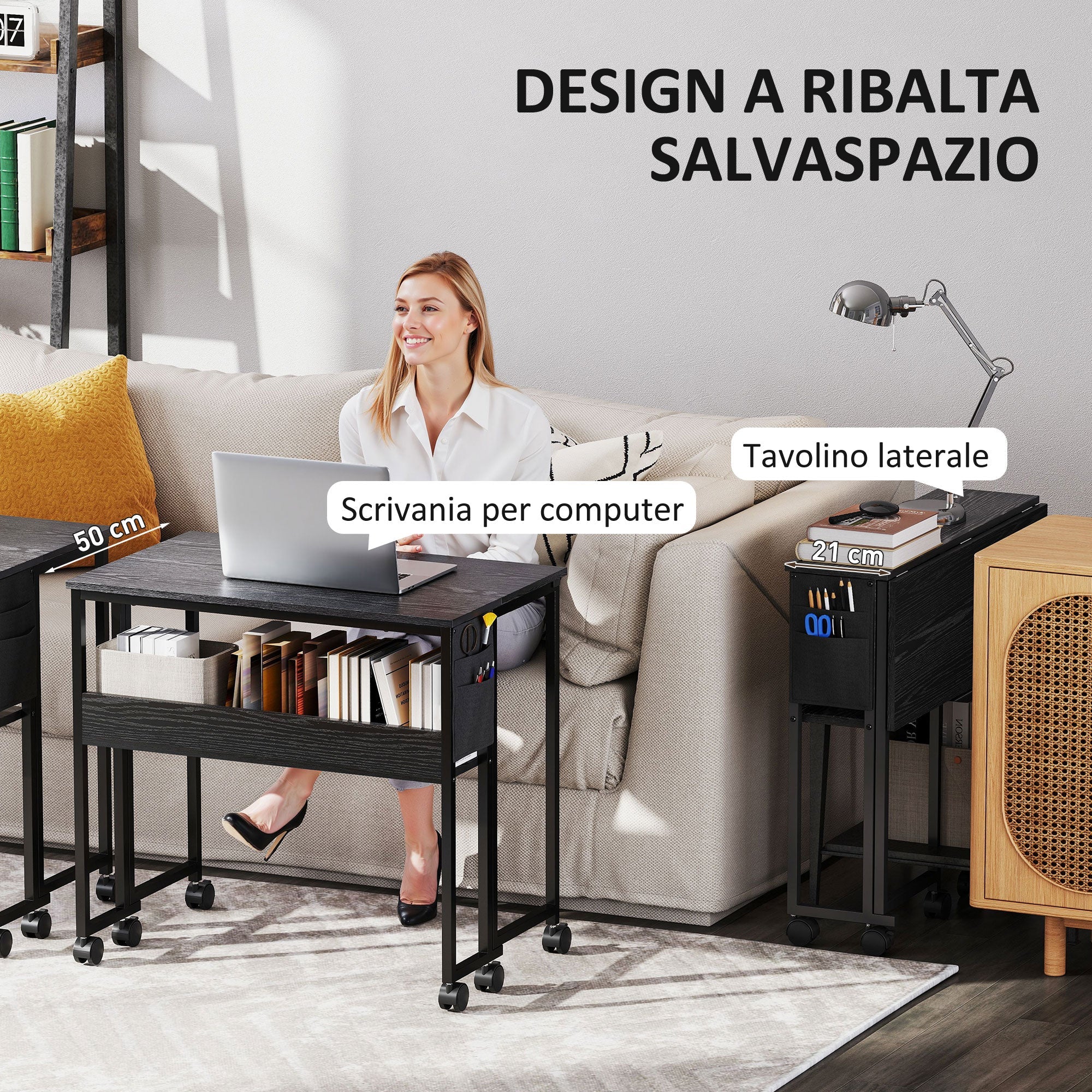 EasyComfort opvouwbaar bureau met schap en wielen 80x50 cm zwart