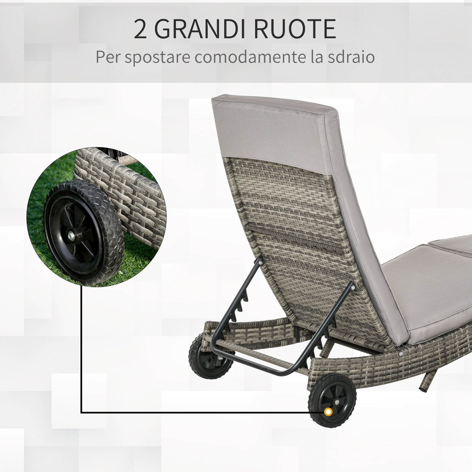 EasyComfort Sdraio da Giardino in Rattan PE con Schienale Regolabile e Cuscino, 207x70x70cm, Grigio