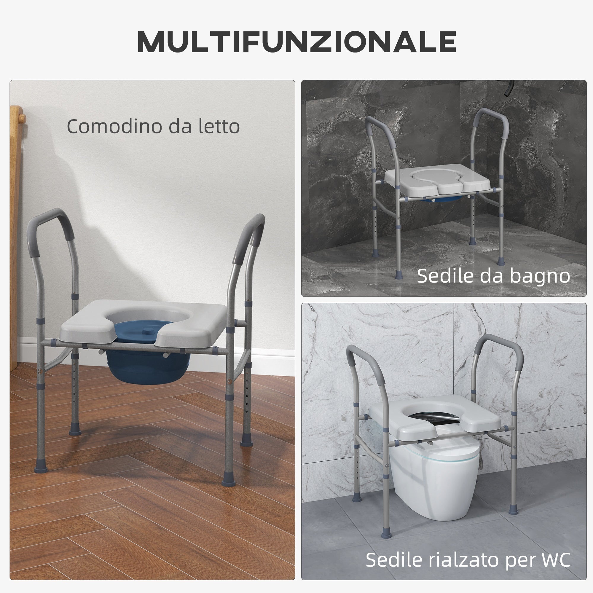 EasyComfort Comfortstoel 4-in-1 verstelbare toiletstoel met gewatteerde armleuningen, grijs
