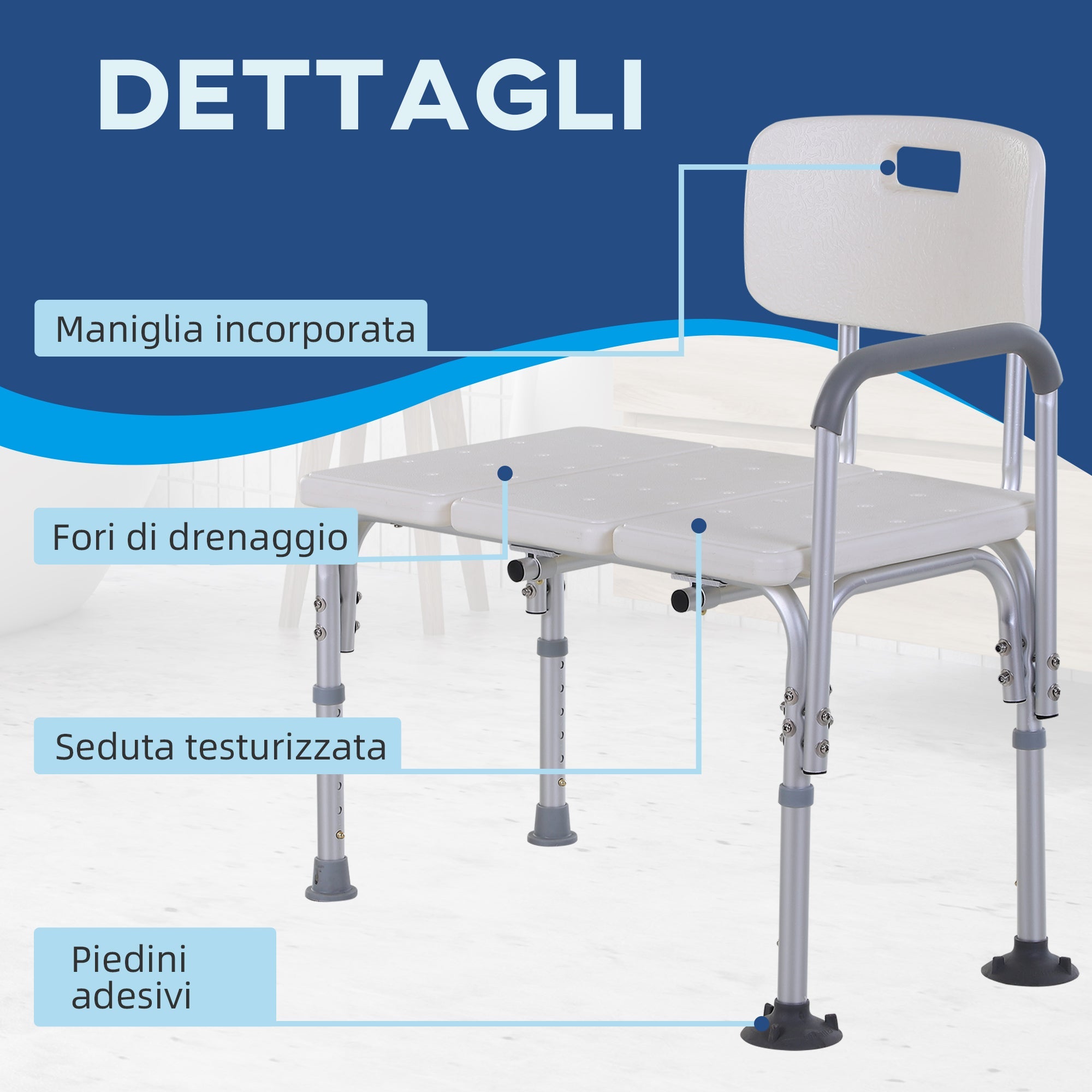 Easycomfort Sedia da Doccia with Altezza Regolabile su 6 Livelli, Piedini e Bracciolo Antiscivolo, Ampia Seduta (68.5x40.5cm)