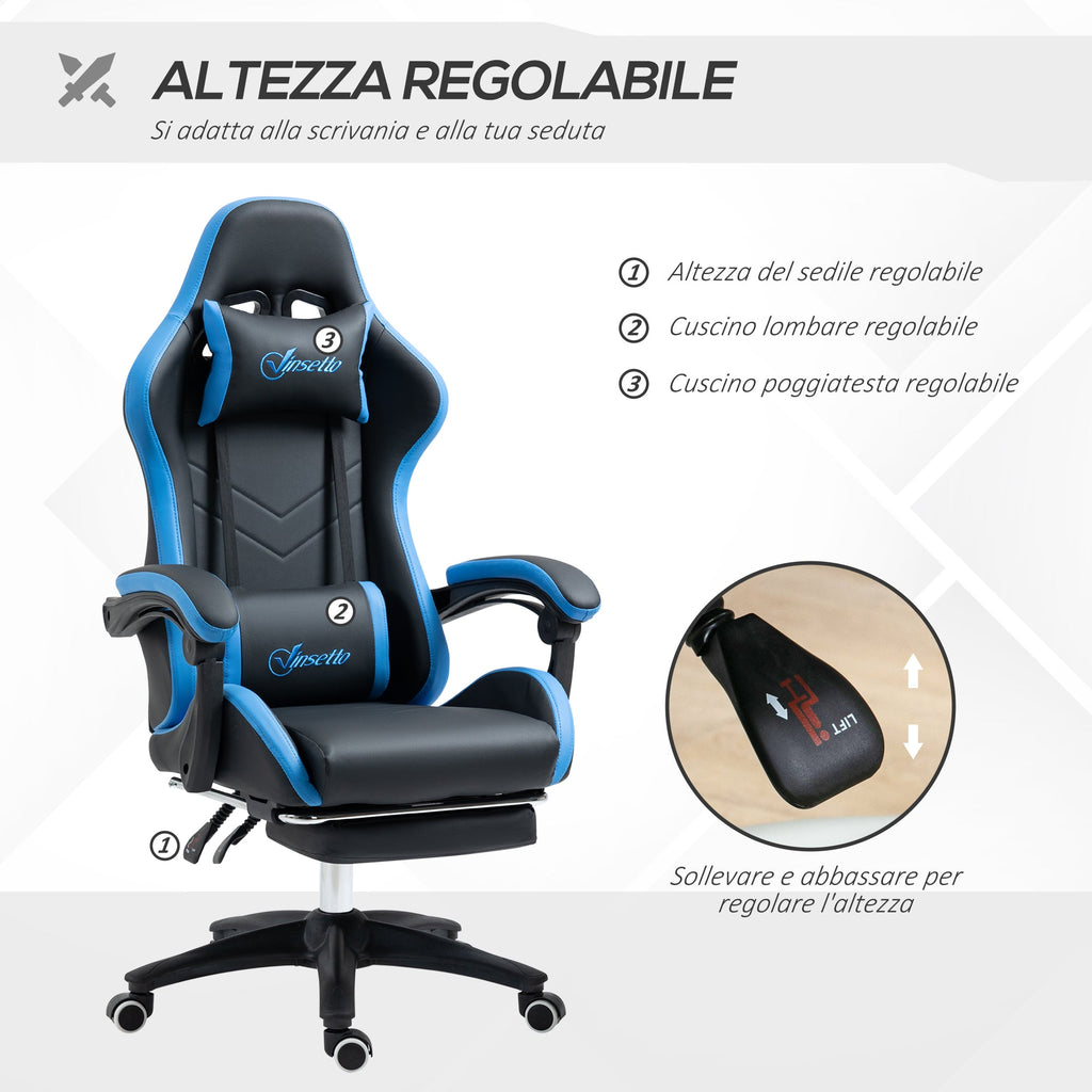 EasyComfort gamingstoel met voetsteun – 65x65x121-129 cm, blauw/zwart