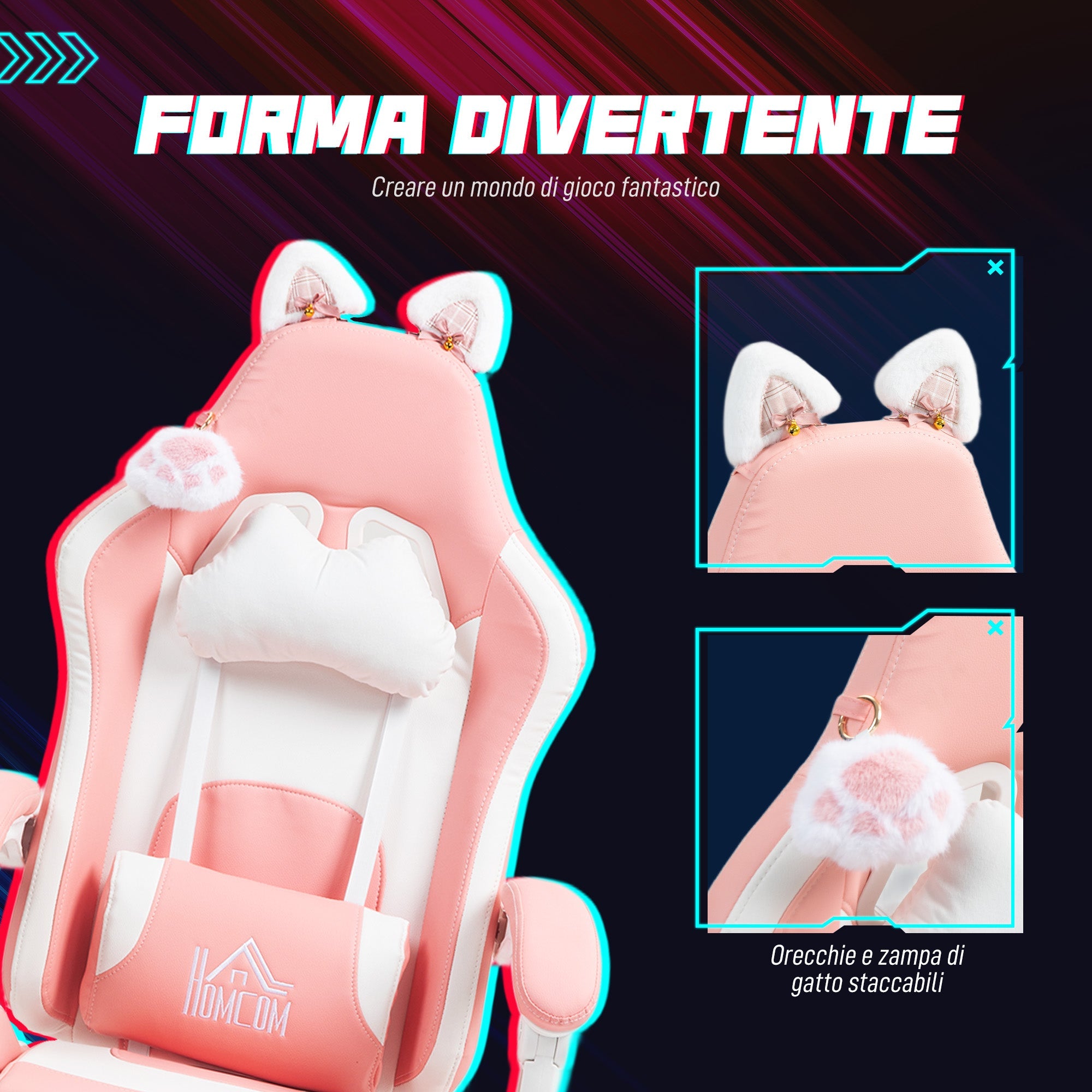 EasyComfort Gamingstoel ergonomisch met kattenoren en voetensteun, roze