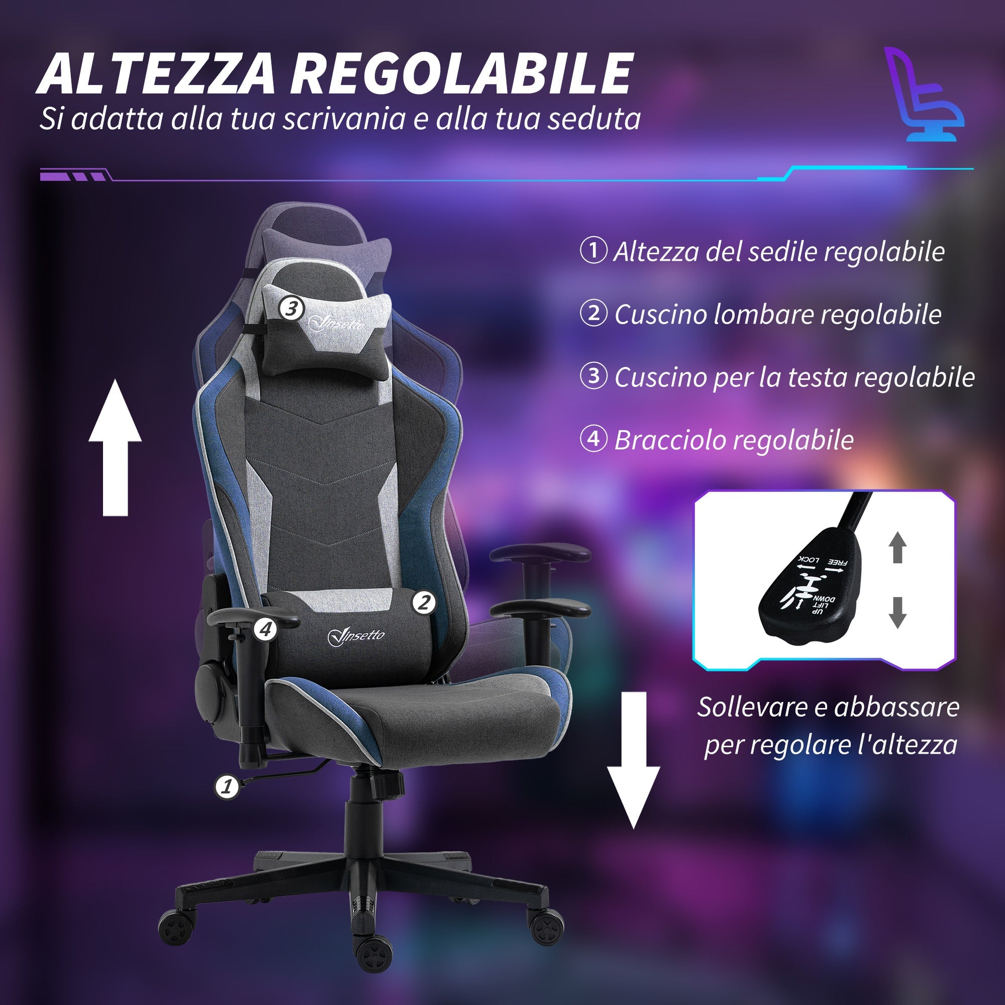 EasyComfort Sedia da Gaming Reclinabile a 150° con Funzione Dondolo, in Tessuto Effetto Lino, 66x53x128-138 cm, Grigio