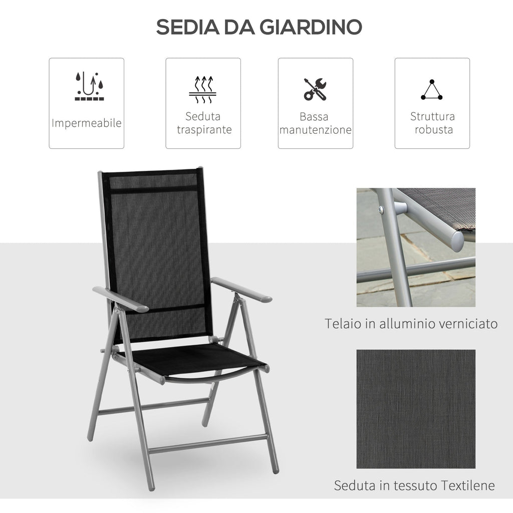 EASYCOMFORT Folding Garden Chair in Aluminum and Texteline, 7-Level Adjustable Backrest, Black 65x55x85-105cm