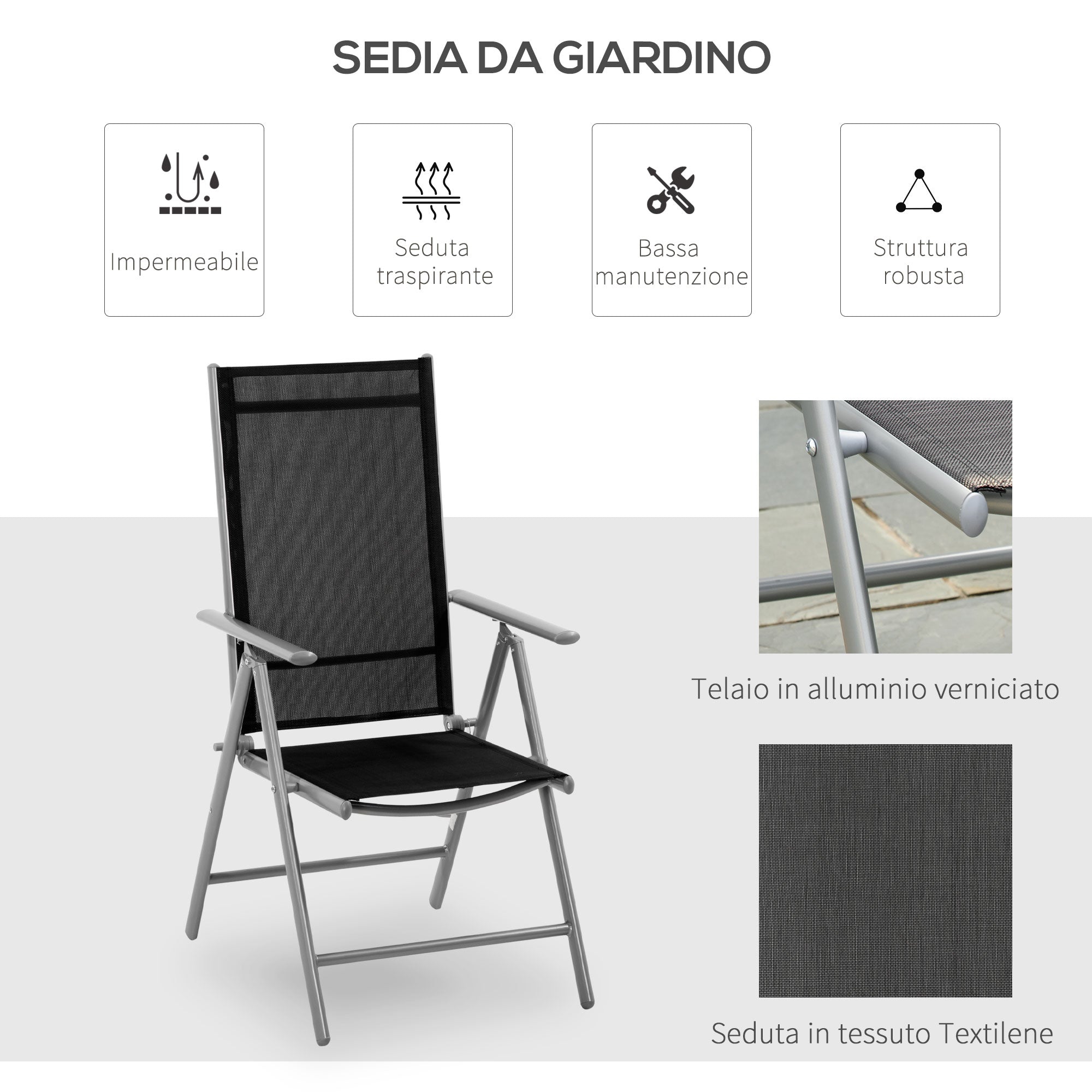 EASYCOMFORT Folding Garden Chair in Aluminum and Texteline, 7-Level Adjustable Backrest, Black 65x55x85-105cm
